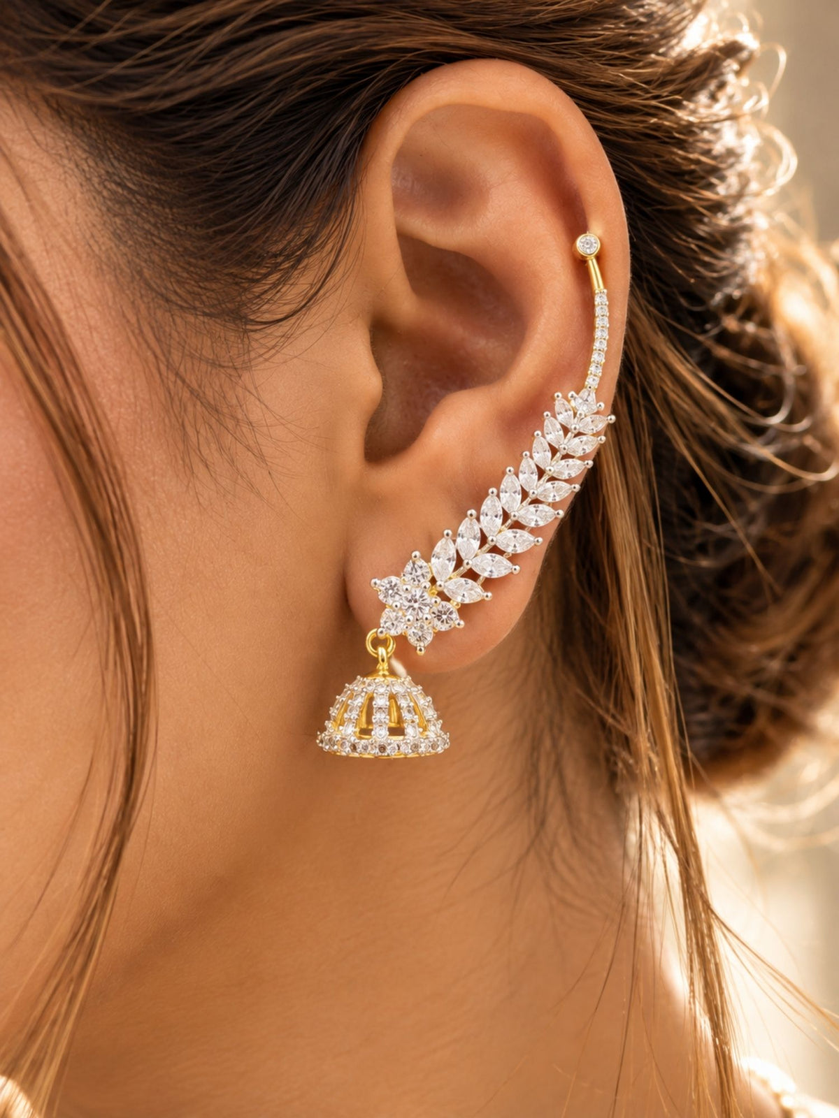 AD Stone Leaf Jhumka Ear Cuff Gold Plated | Abdesigns Jewellery