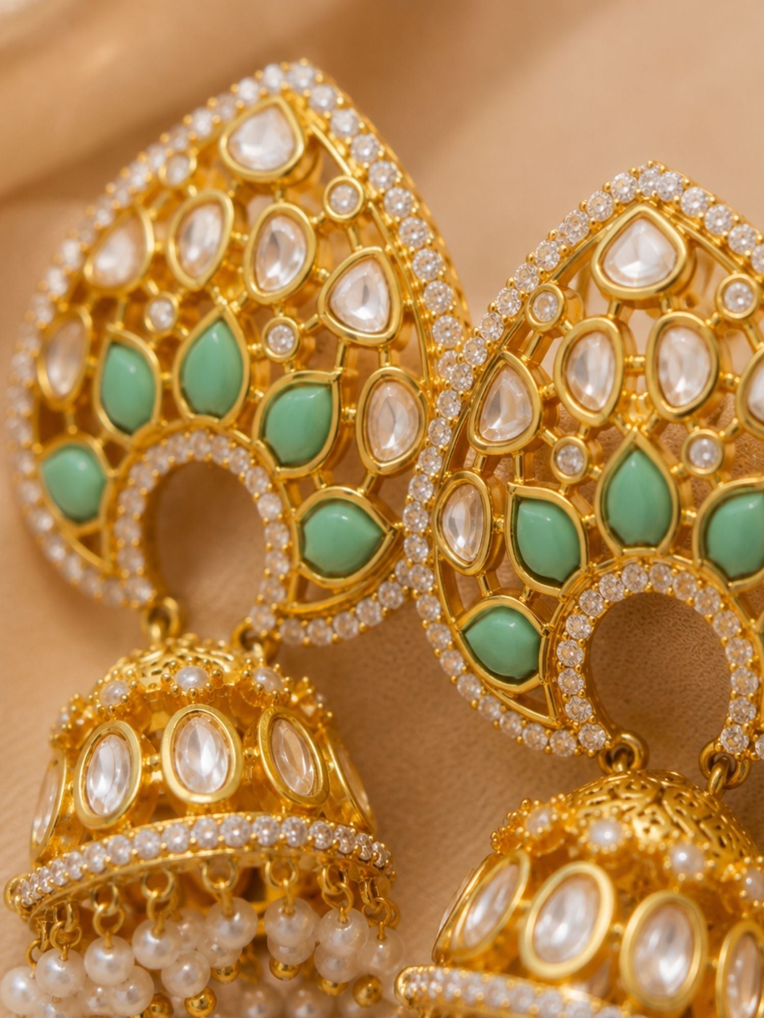 Mint Green Kundan Triple Jhumka Earrings | Abdesigns Jewellery