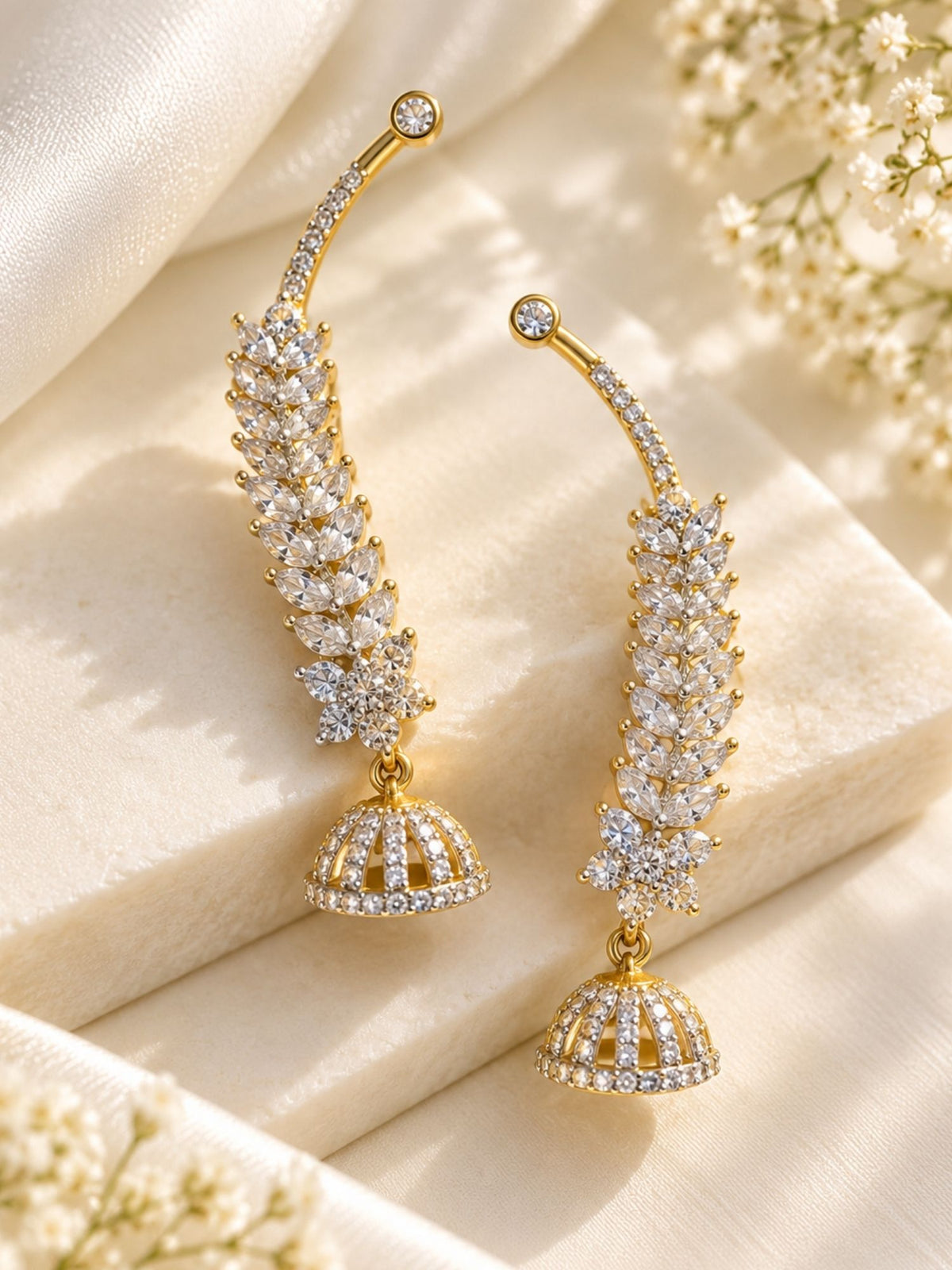AD Stone Leaf Jhumka Ear Cuff Gold Plated | Abdesigns Jewellery
