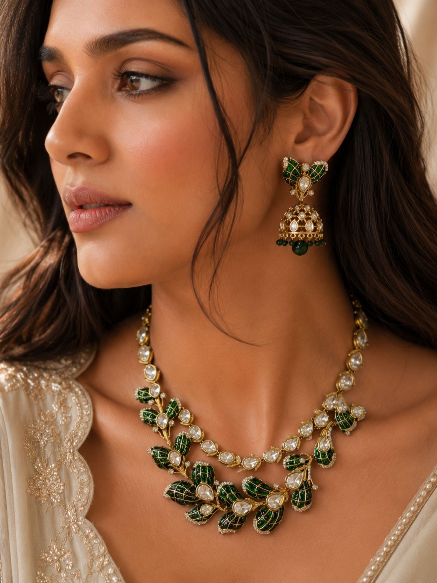 Green Leaf Necklace Set in Gold Plating – Bridal | Abdesigns