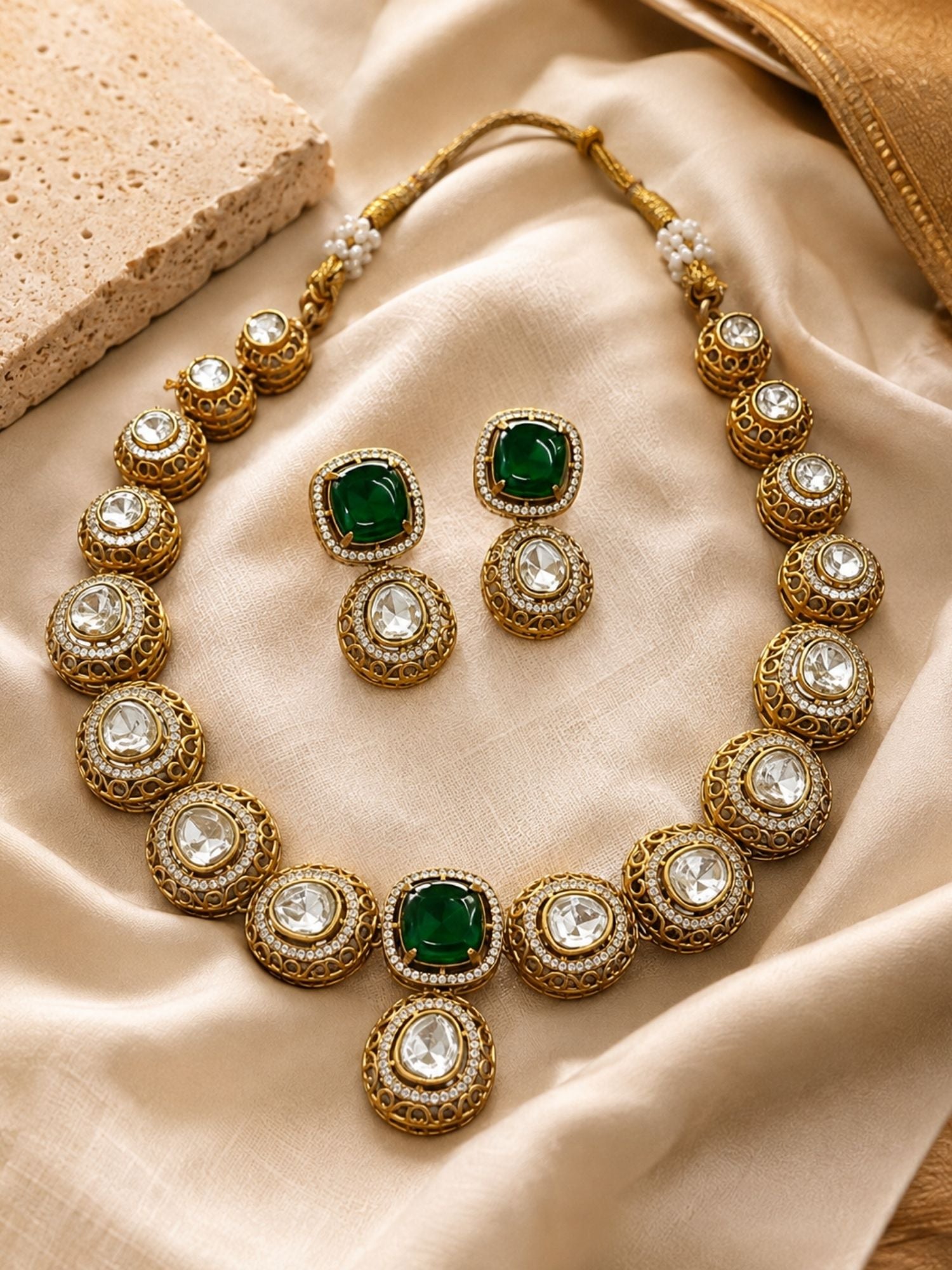 Antique Gold Plated Green Stone Kundan Polki Necklace Set & Earrings
