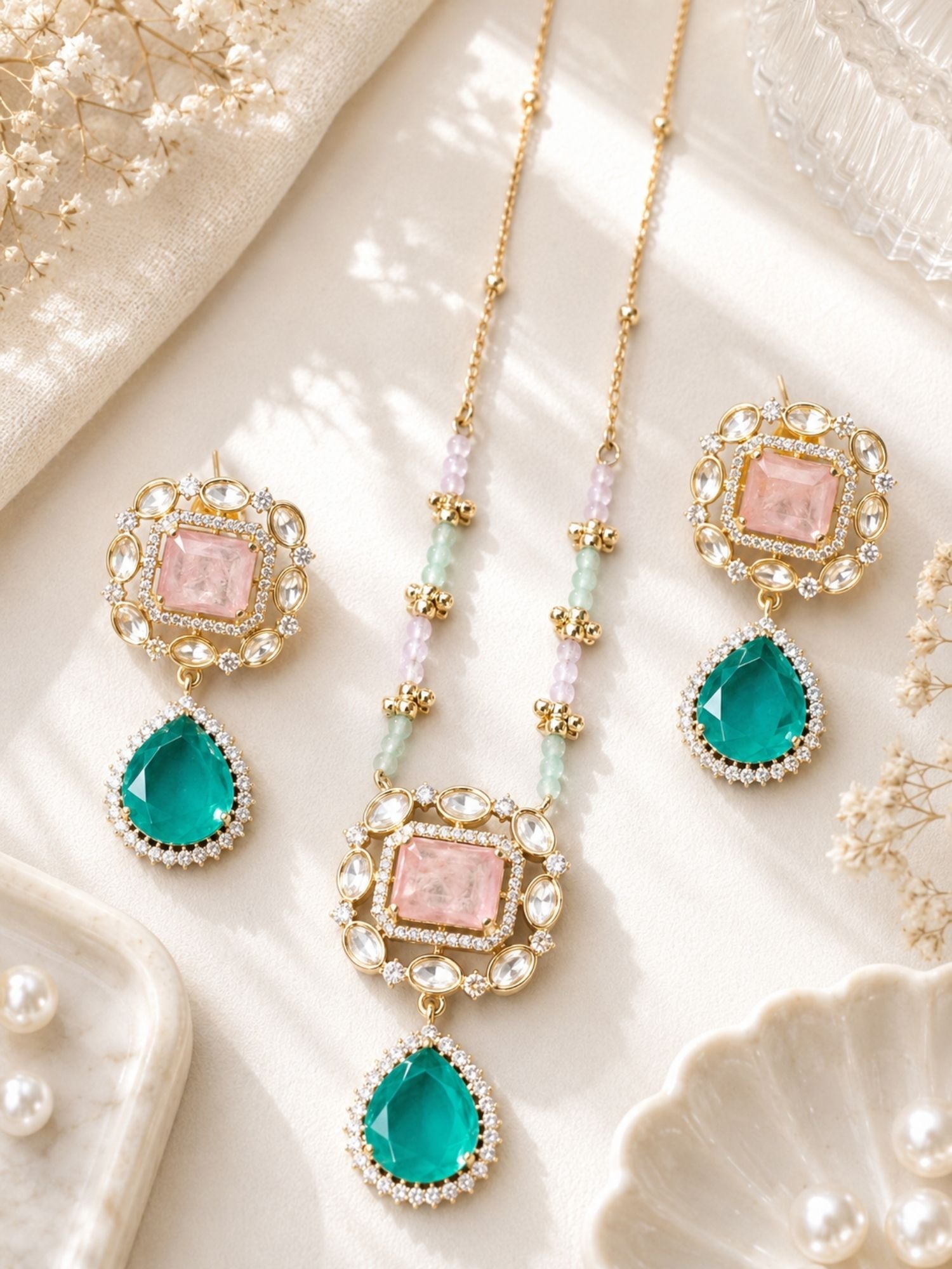 Abdesigns Gold Plating Festive Pink Stone Pendant Set