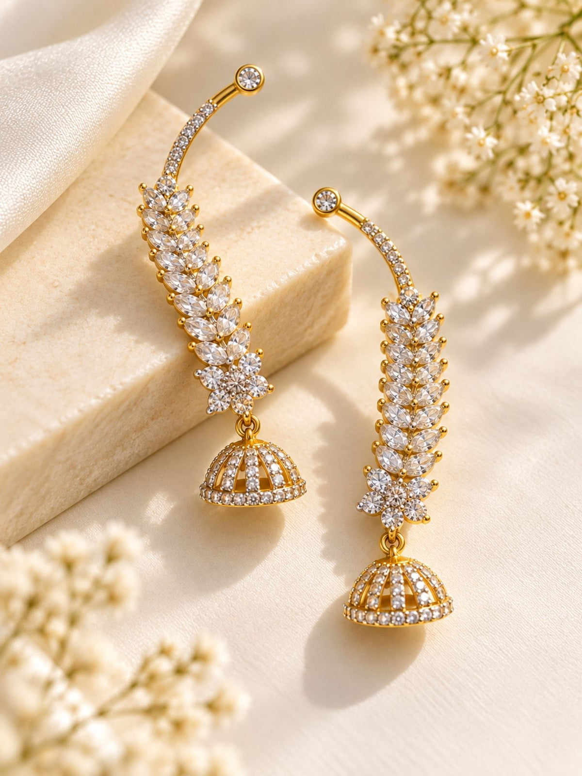 AD Stone Leaf Jhumka Ear Cuff Gold Plated | Abdesigns Jewellery