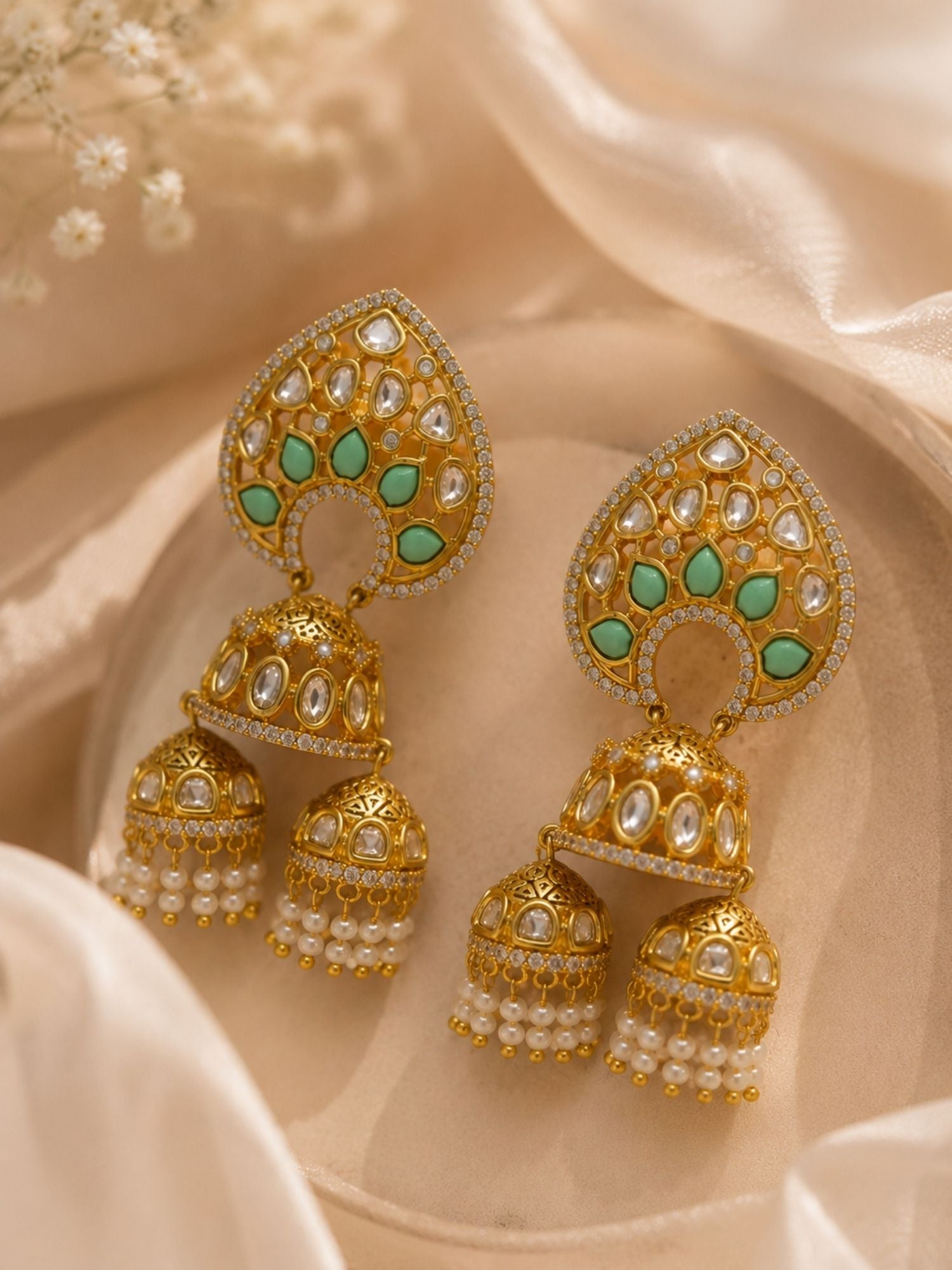 Mint Green Kundan Triple Jhumka Earrings | Abdesigns Jewellery
