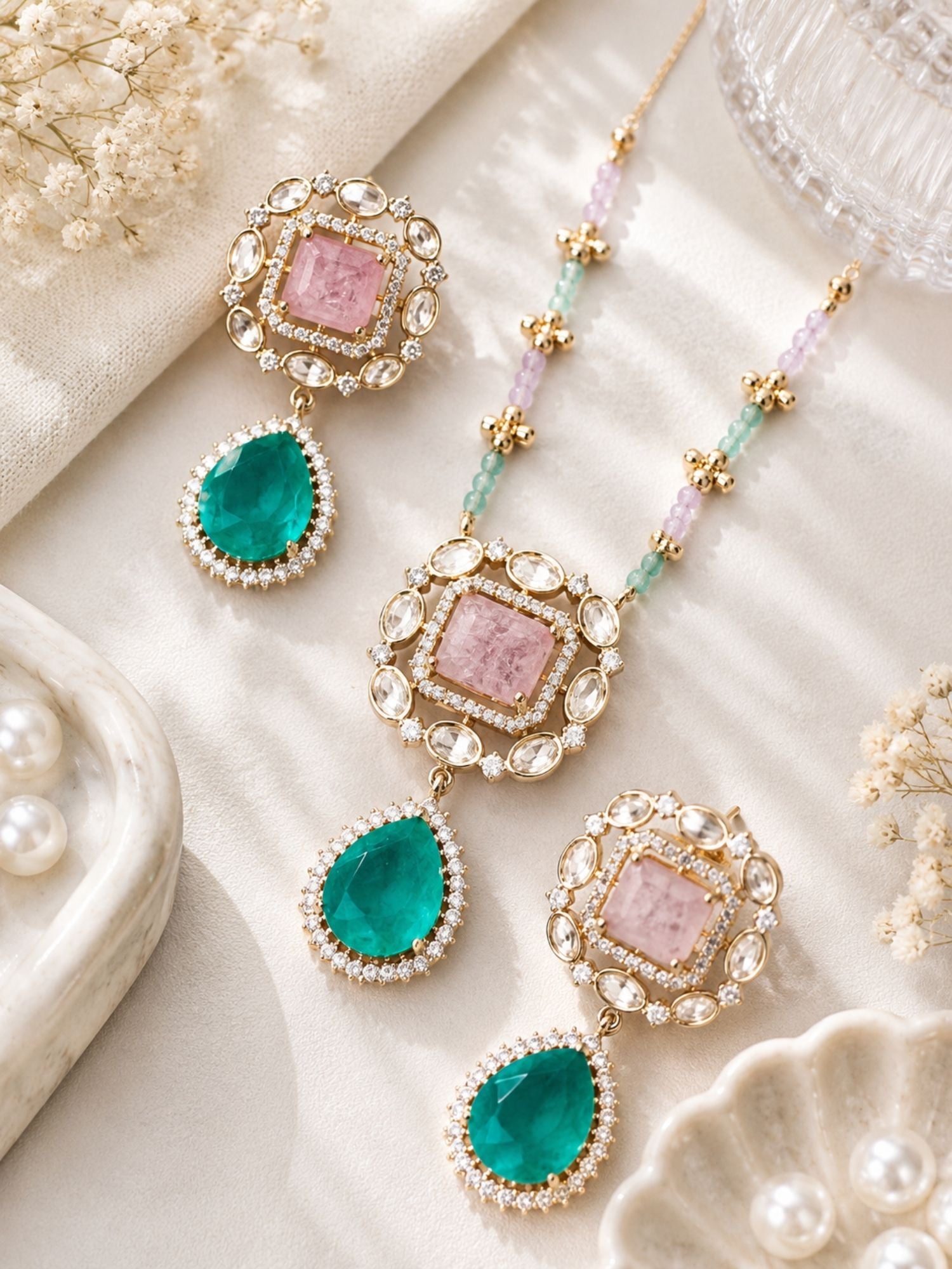 Abdesigns Gold Plating Festive Pink Stone Pendant Set