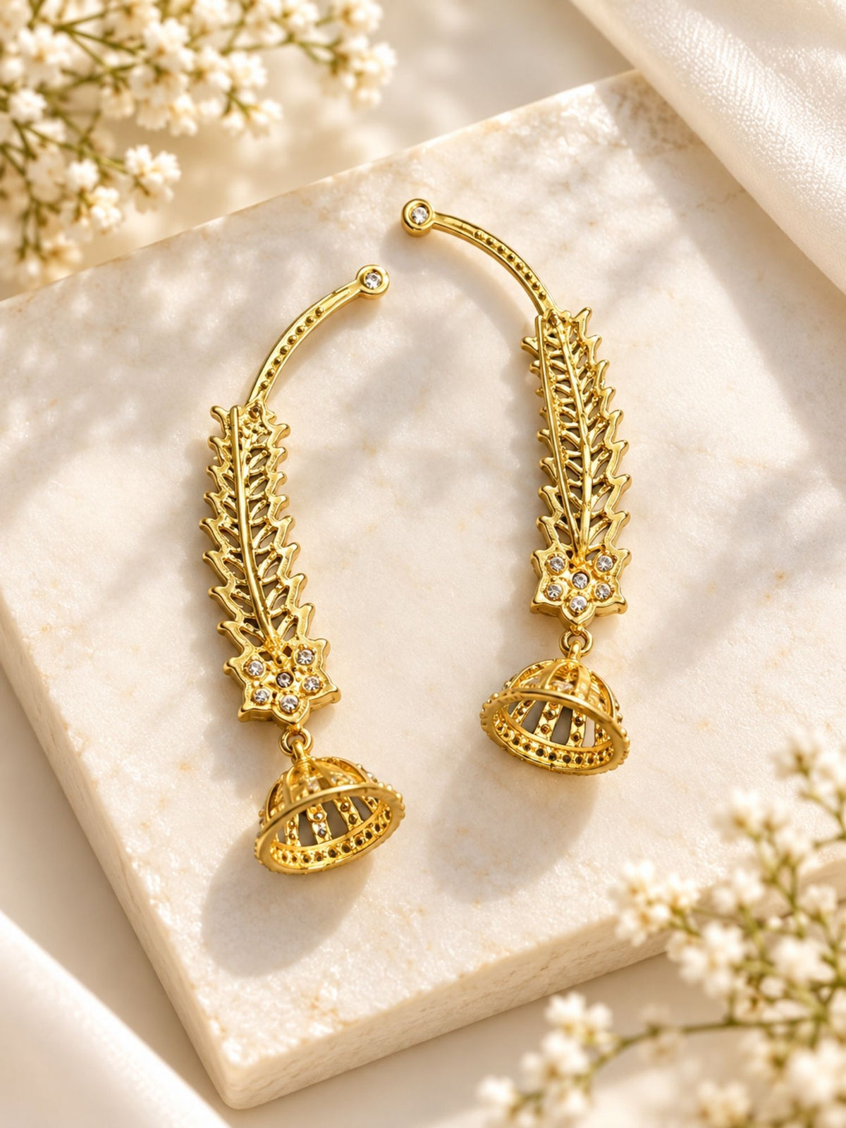 AD Stone Leaf Jhumka Ear Cuff Gold Plated | Abdesigns Jewellery
