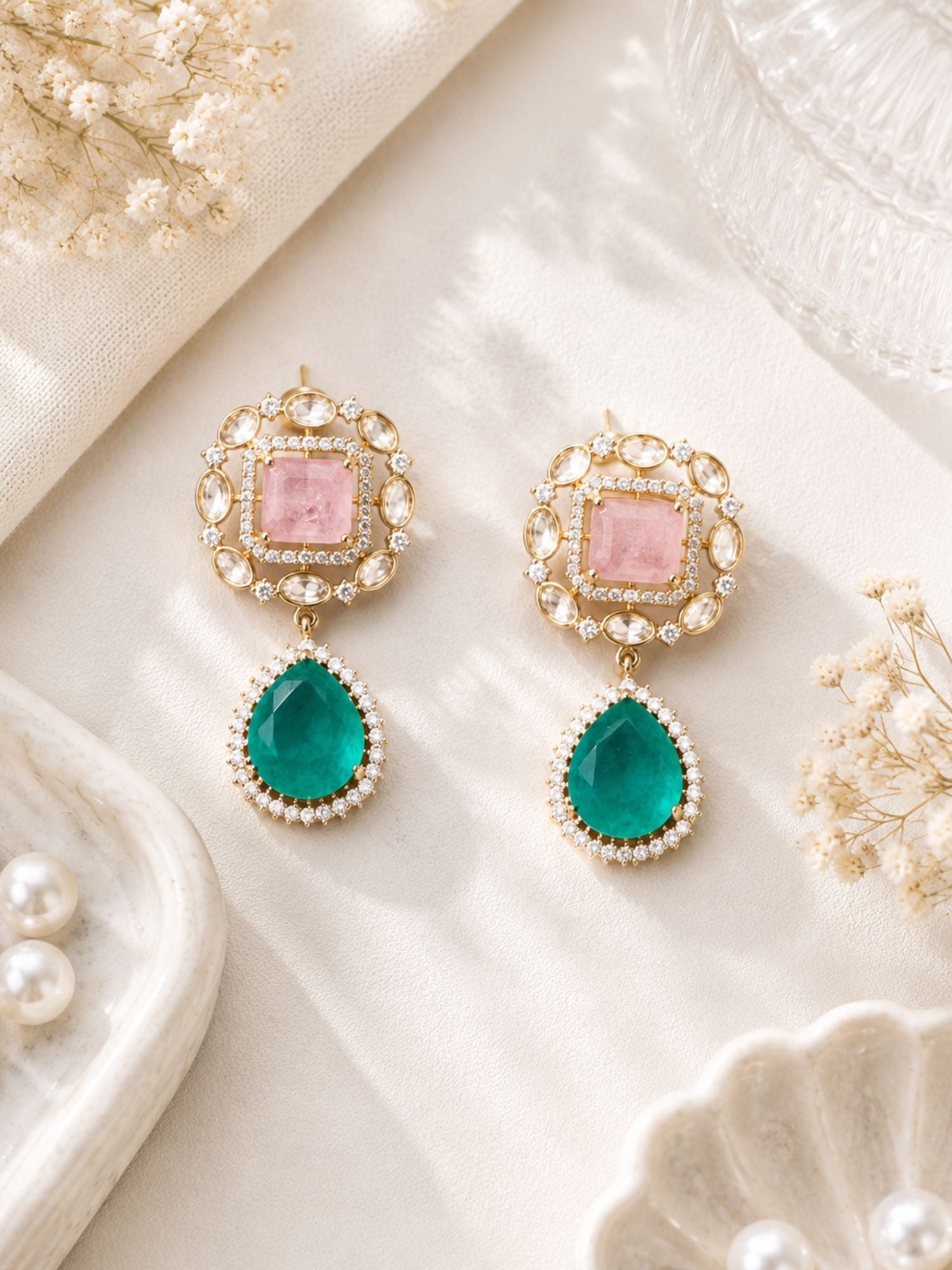 Abdesigns Gold Plating Festive Pink Stone Pendant Set