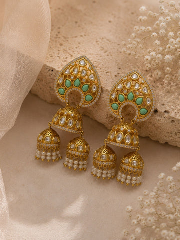 Mint Green Kundan Triple Jhumka Earrings | Abdesigns Jewellery