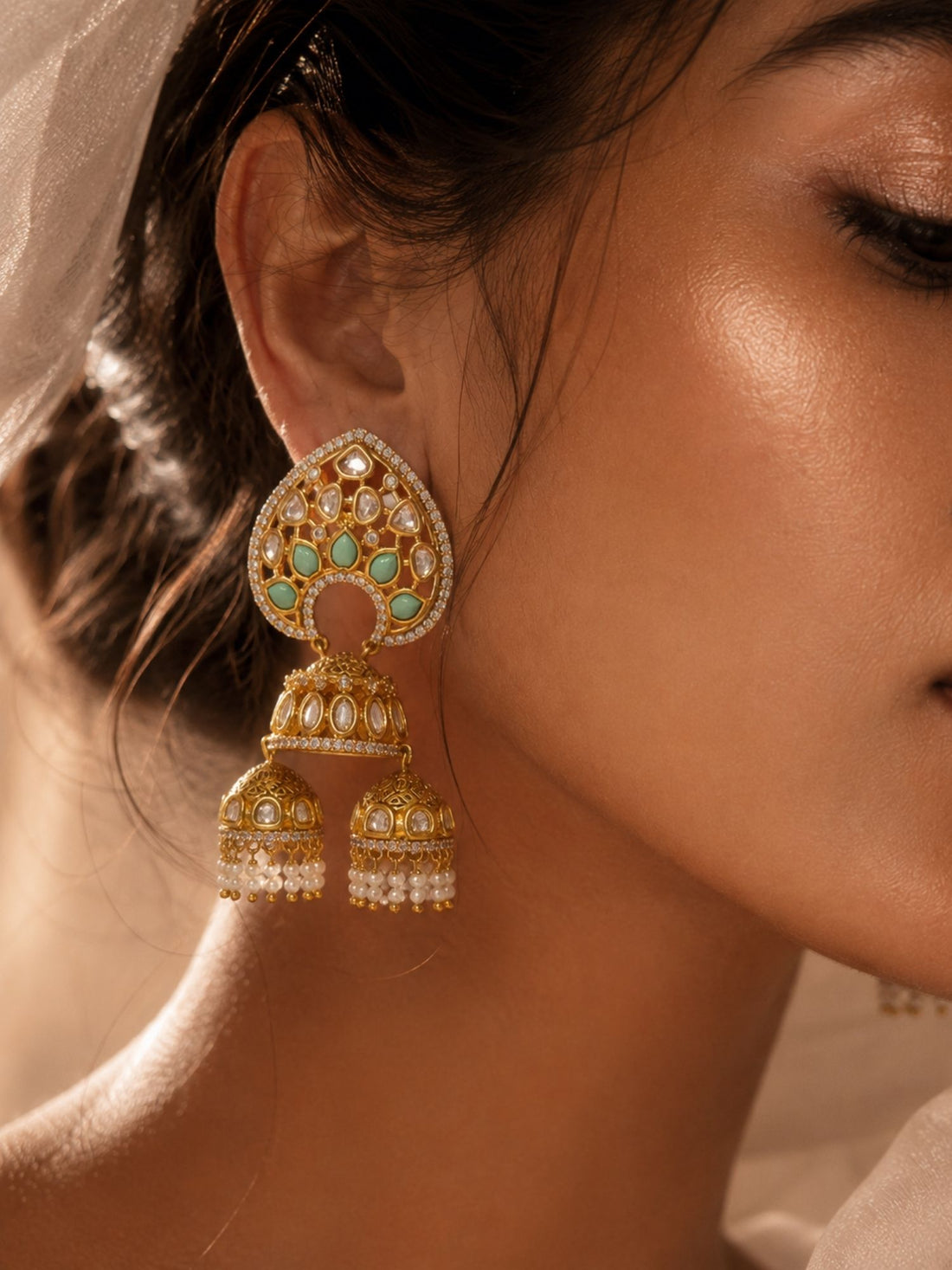 Mint Green Kundan Triple Jhumka Earrings | Abdesigns Jewellery