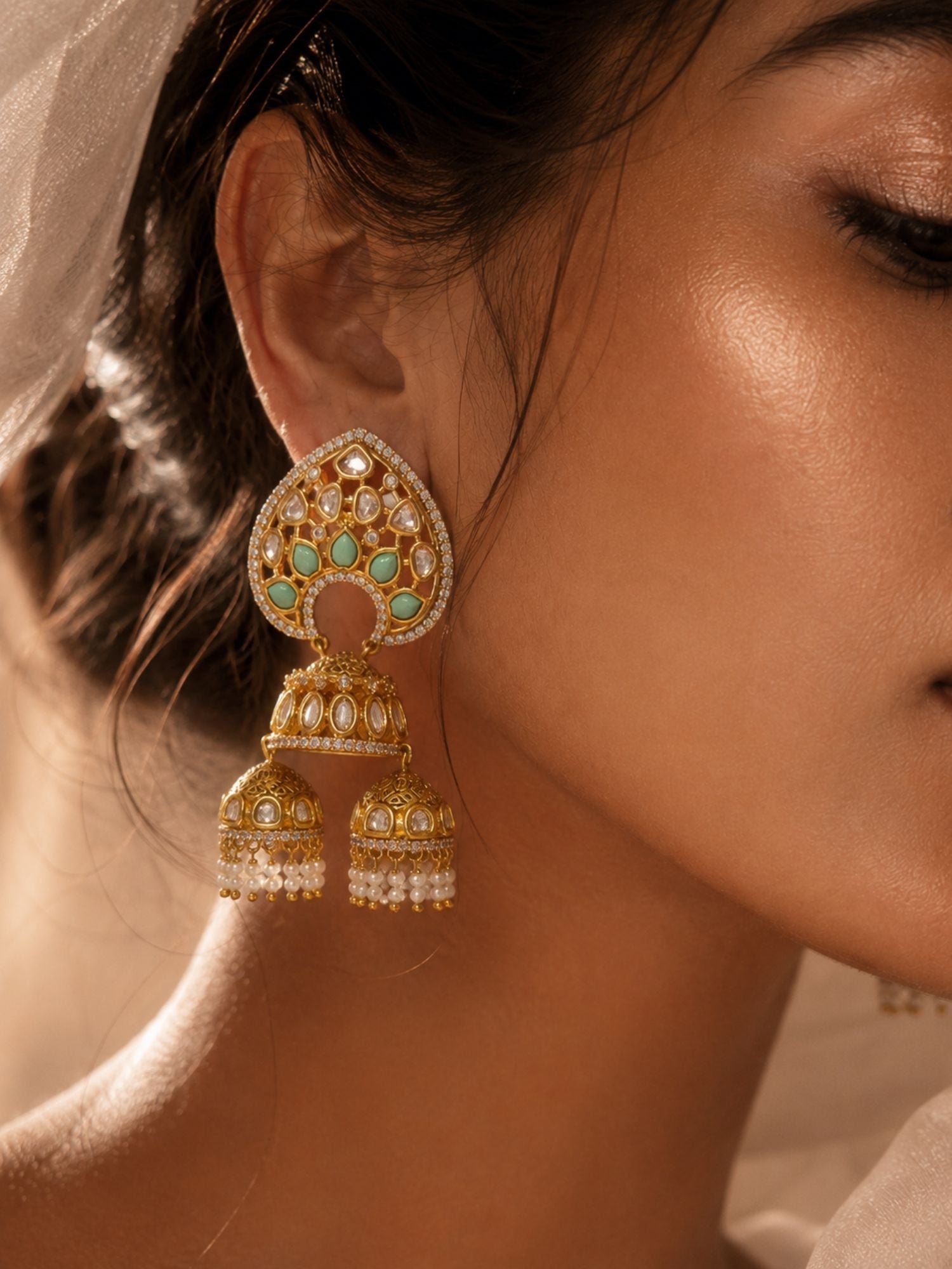 Mint Green Kundan Triple Jhumka Earrings | Abdesigns Jewellery