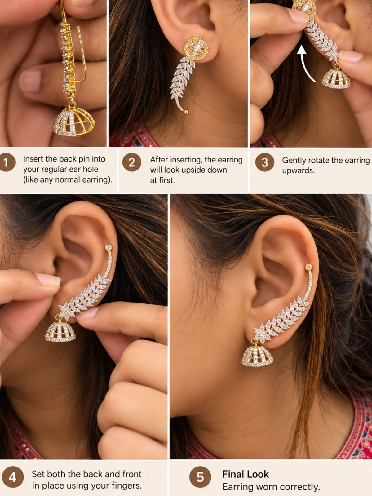 AD Stone Leaf Jhumka Ear Cuff Gold Plated | Abdesigns Jewellery