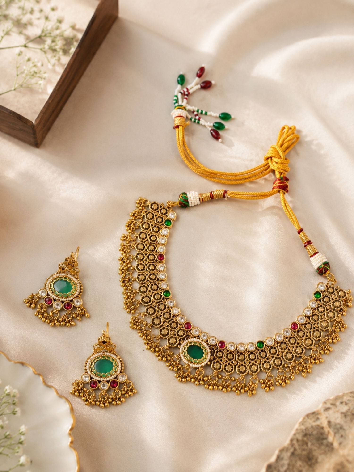 Green Stone Choker Necklace Set in Gold Plating – Bridal | Abdesigns