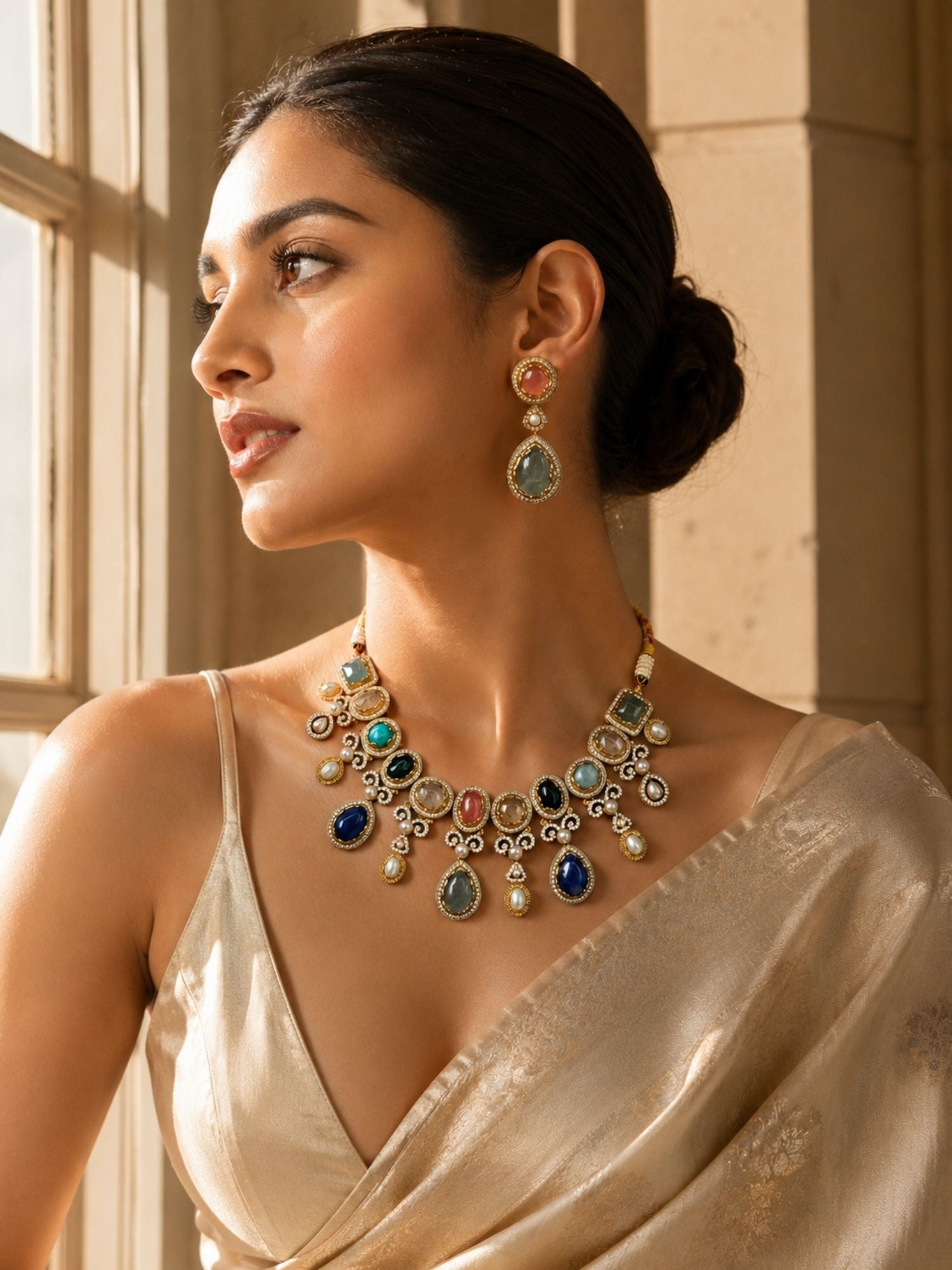 Navratna Necklace Set in Gold Plating – Festive Wear | Abdesigns