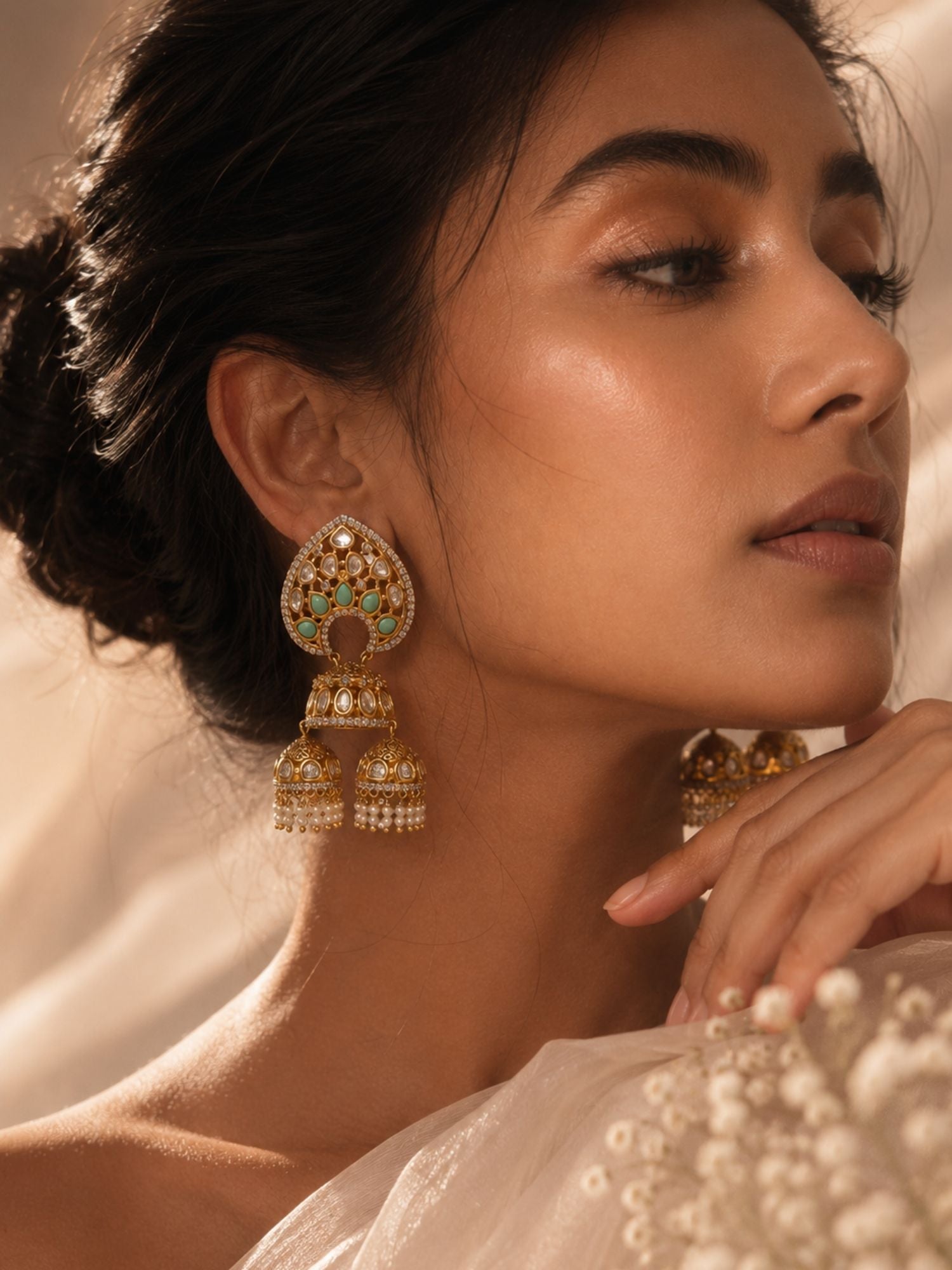 Mint Green Kundan Triple Jhumka Earrings | Abdesigns Jewellery