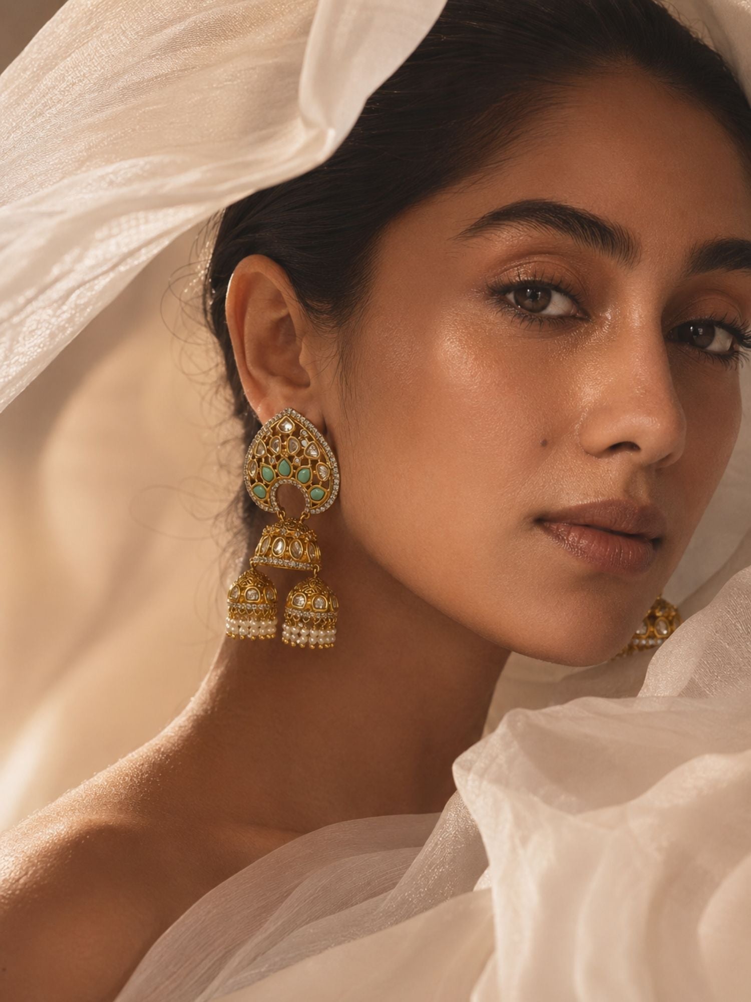 Mint Green Kundan Triple Jhumka Earrings | Abdesigns Jewellery