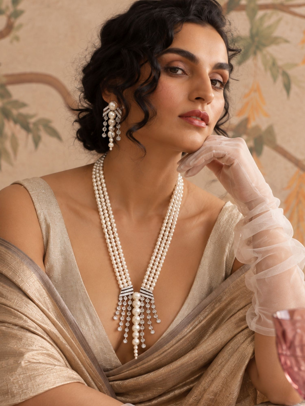 Silver Plated AD Stone Pearl Layered Mala Necklace Set | Abdesigns