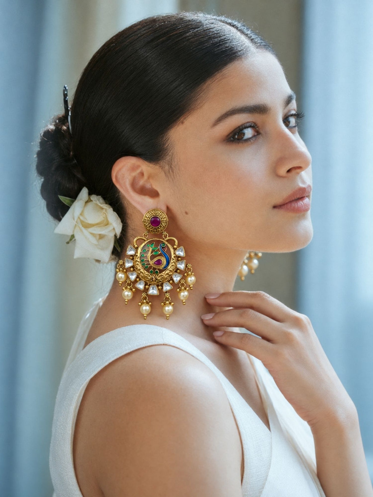 Gold Plated Meenakari Kundan Pearl Peacock Statement Earrings for Women