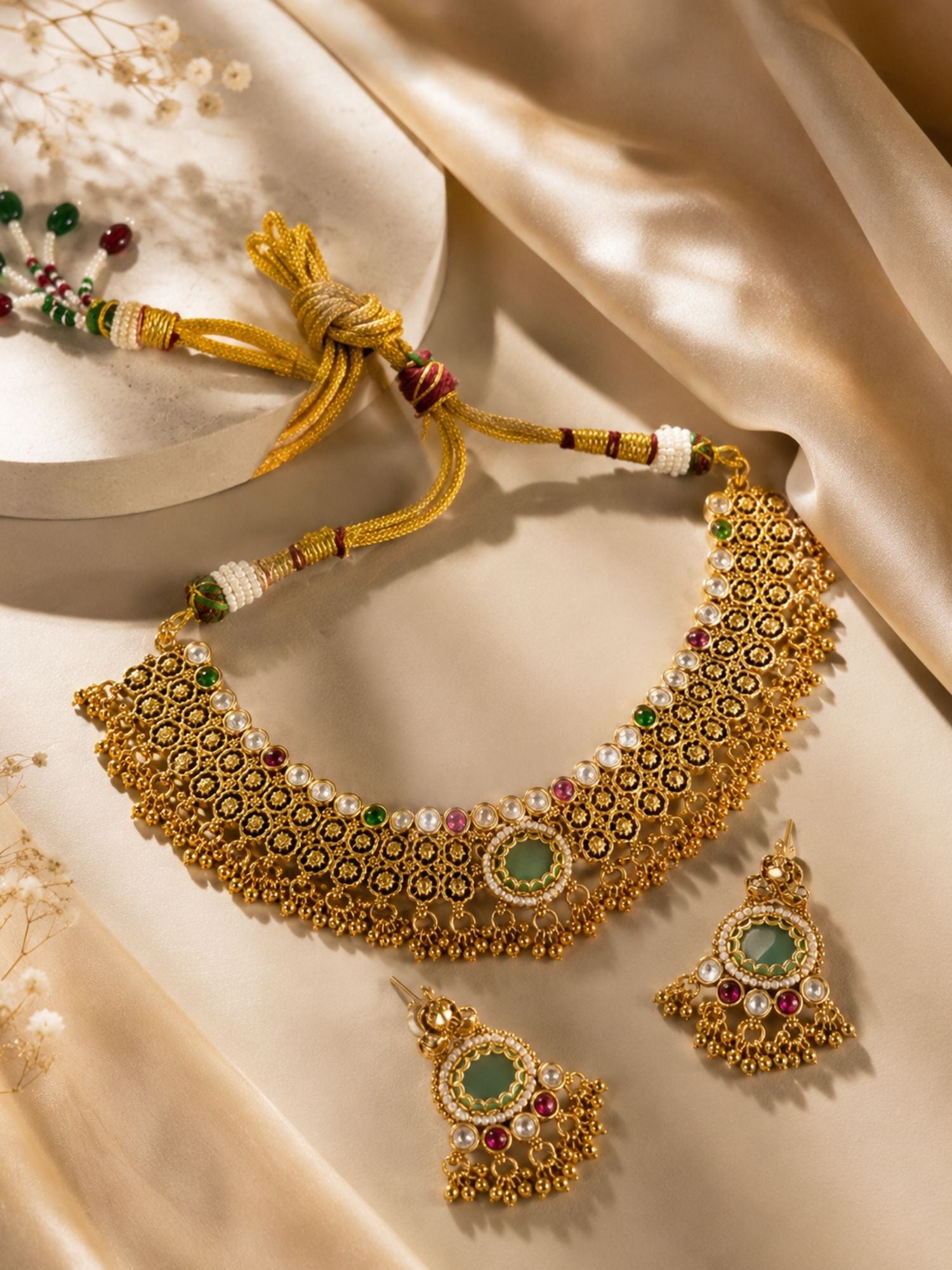 Green Stone Choker Necklace Set in Gold Plating – Bridal | Abdesigns