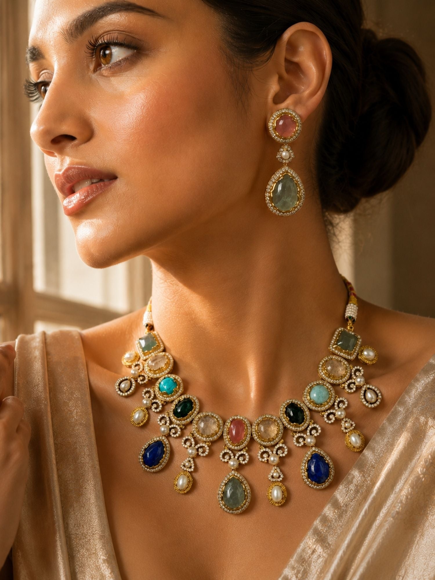 Navratna Necklace Set in Gold Plating – Festive Wear | Abdesigns