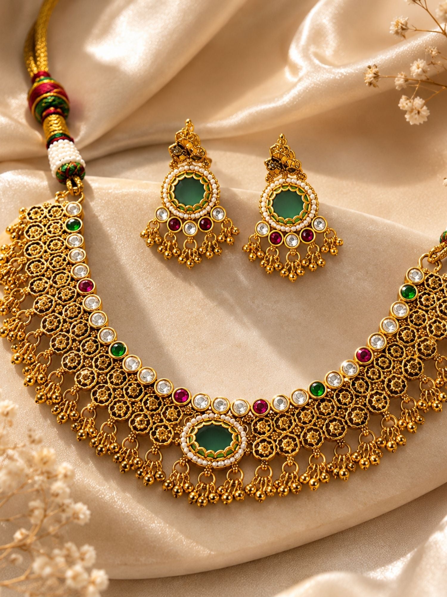 Green Stone Choker Necklace Set in Gold Plating – Bridal | Abdesigns