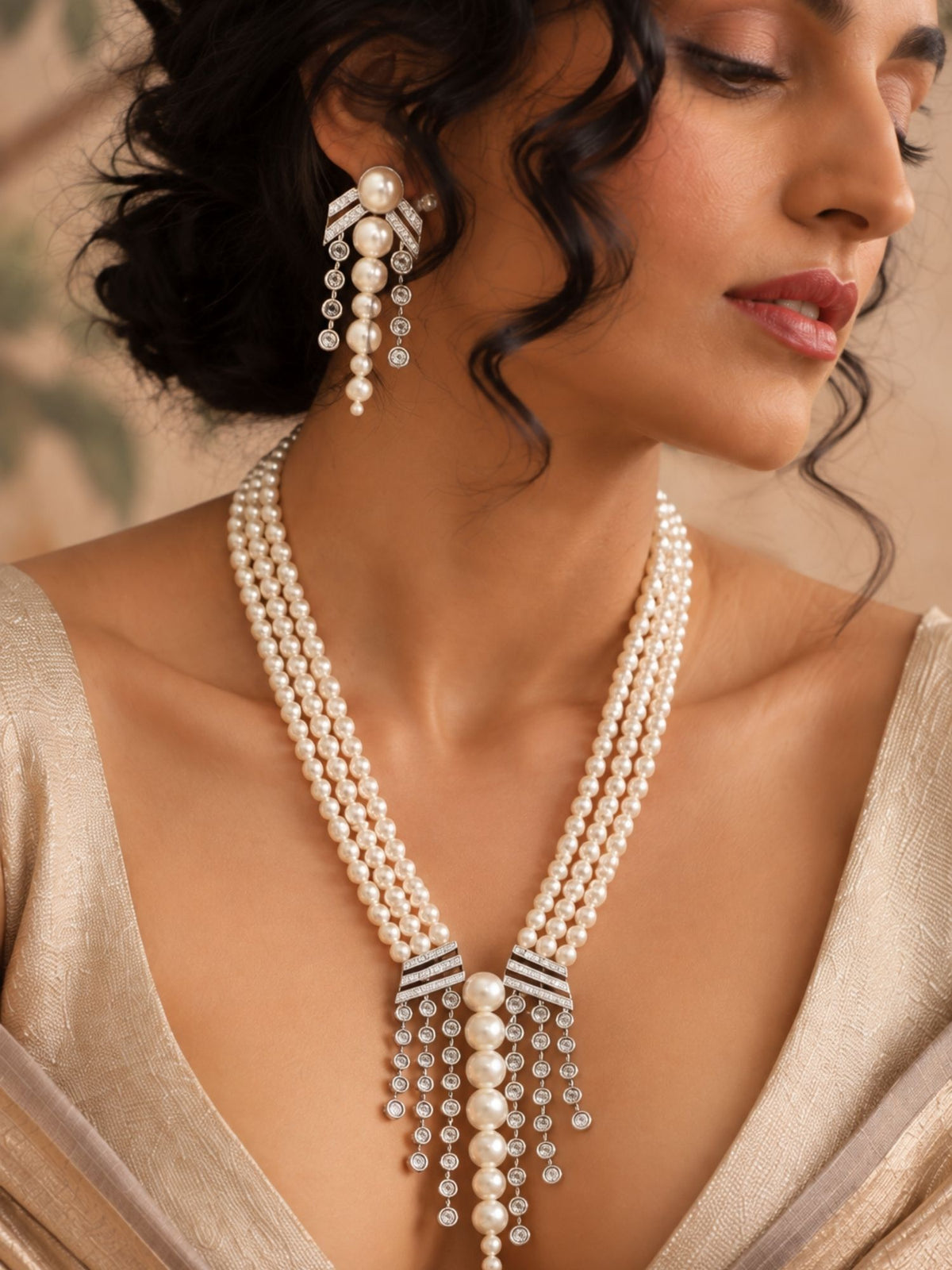 Silver Plated AD Stone Pearl Layered Mala Necklace Set | Abdesigns