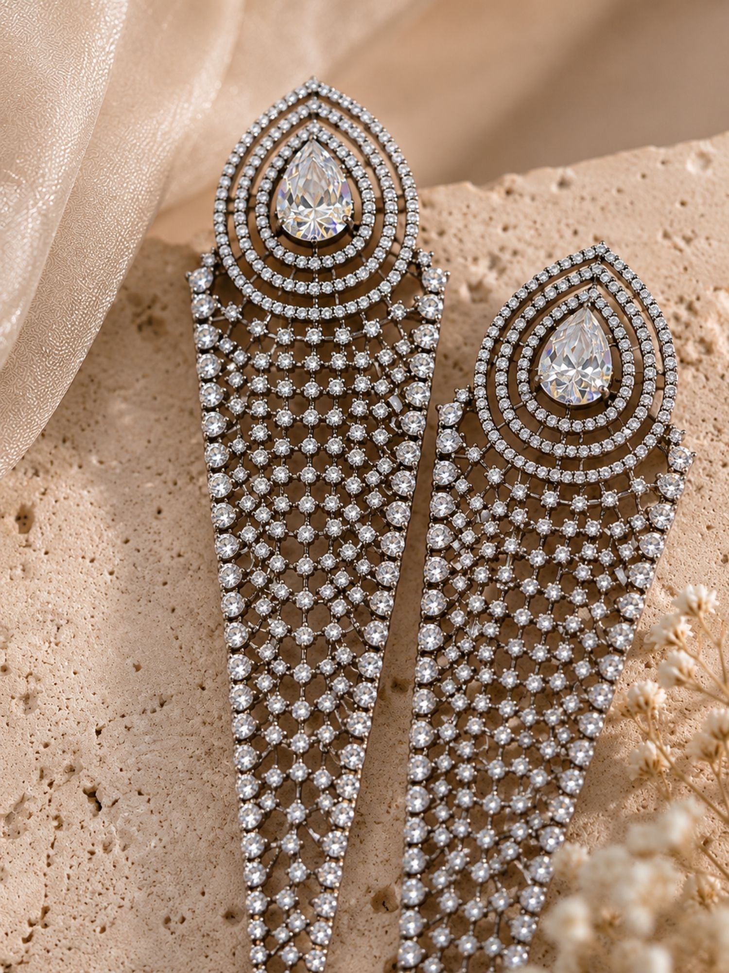 Silver CZ Long Statement Earrings – Diamond Look Party Wear - earrings by Abdesigns Jewellery