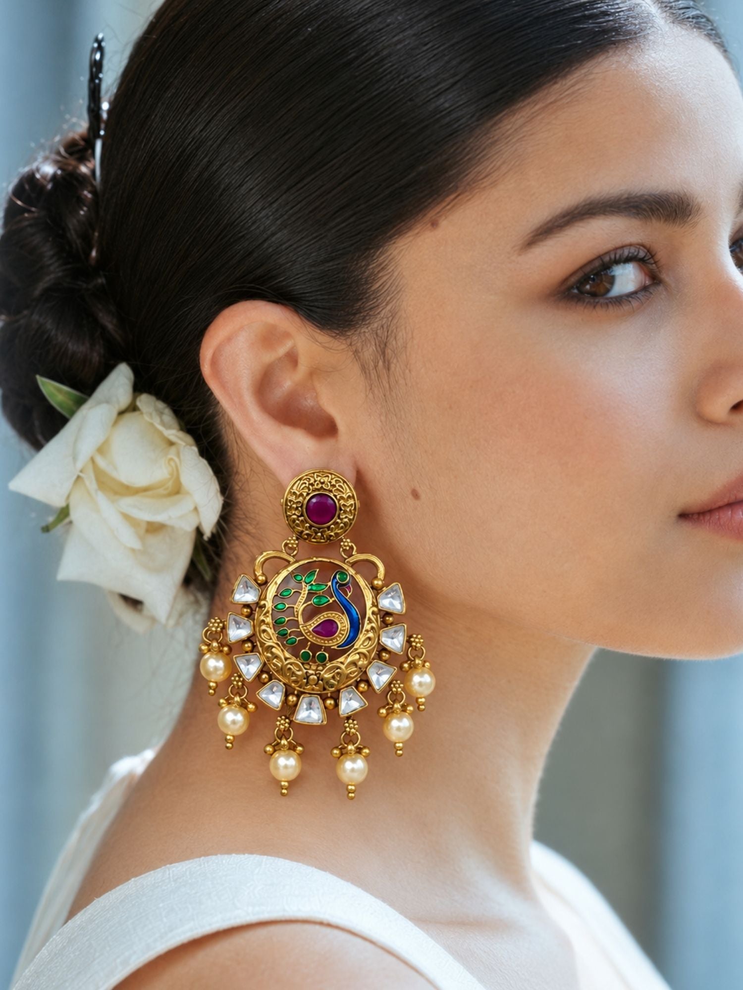 Gold Plated Meenakari Kundan Pearl Peacock Statement Earrings for Women