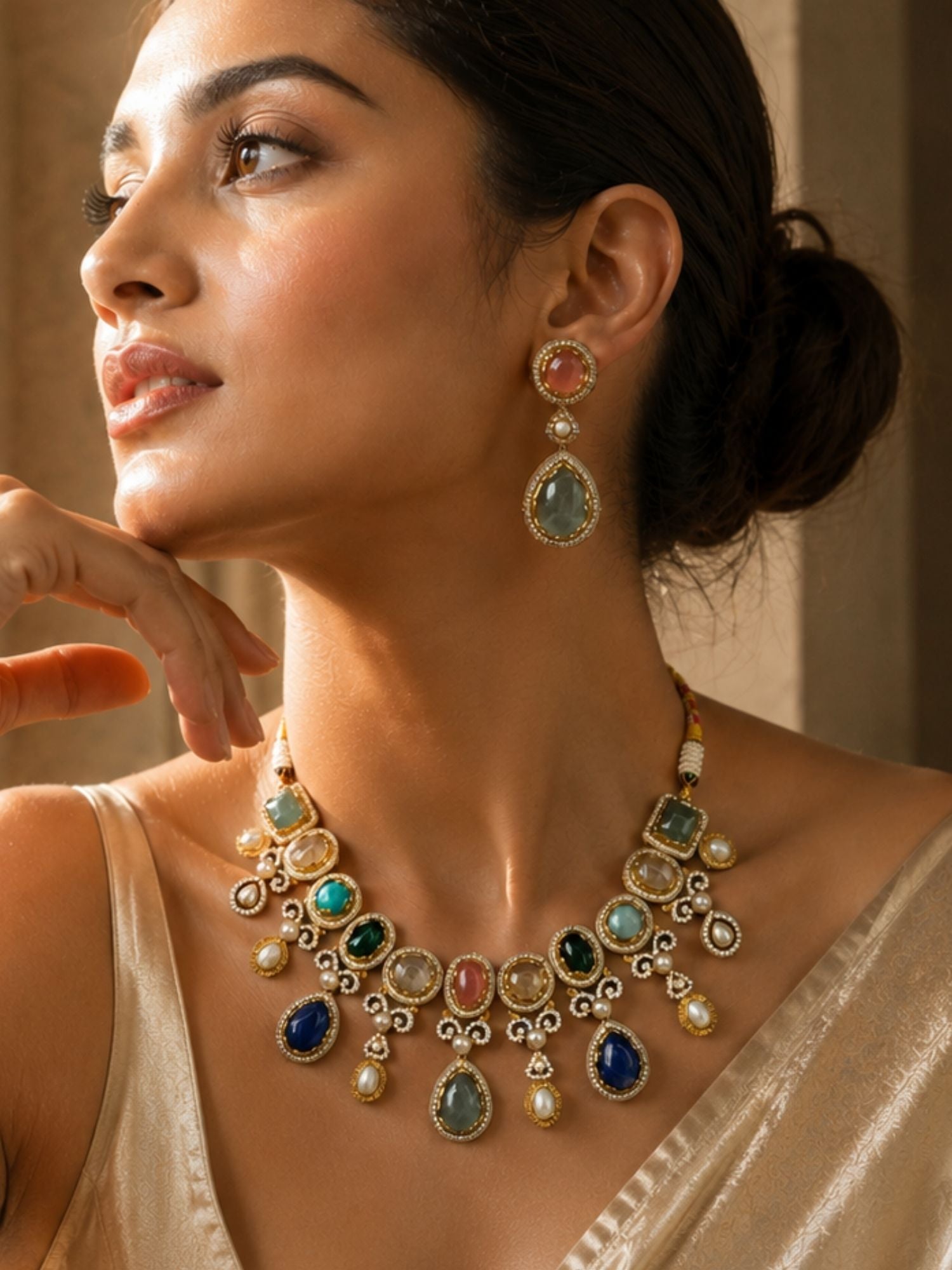 Navratna Necklace Set in Gold Plating – Festive Wear | Abdesigns