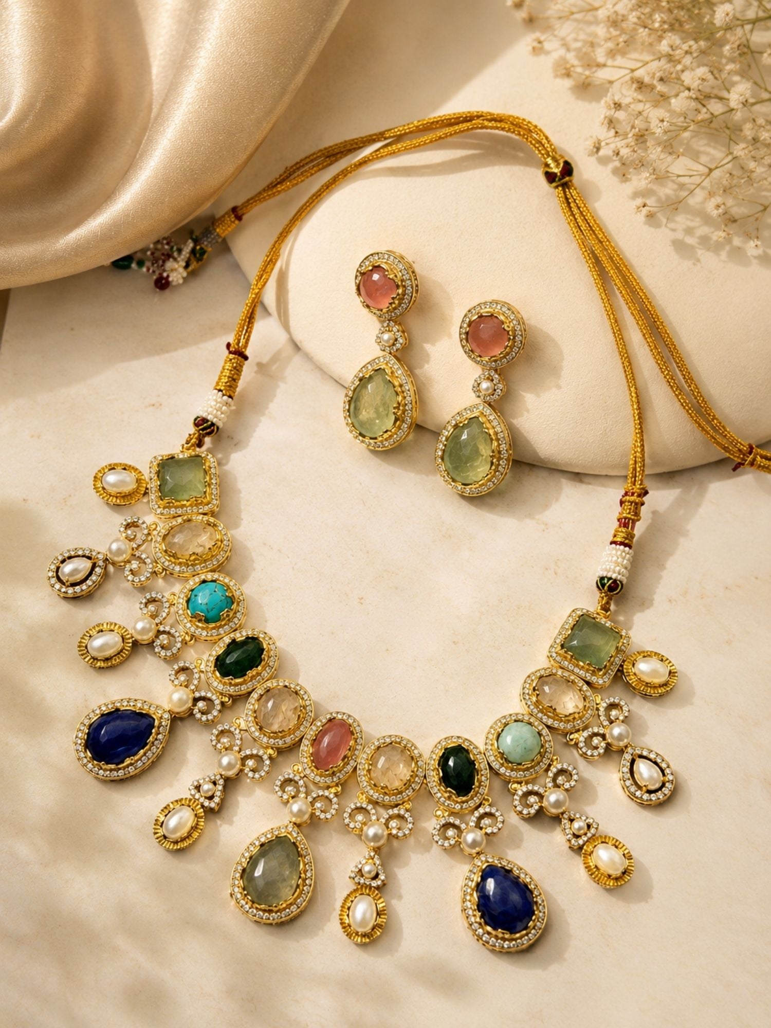 Navratna Necklace Set in Gold Plating – Festive Wear | Abdesigns