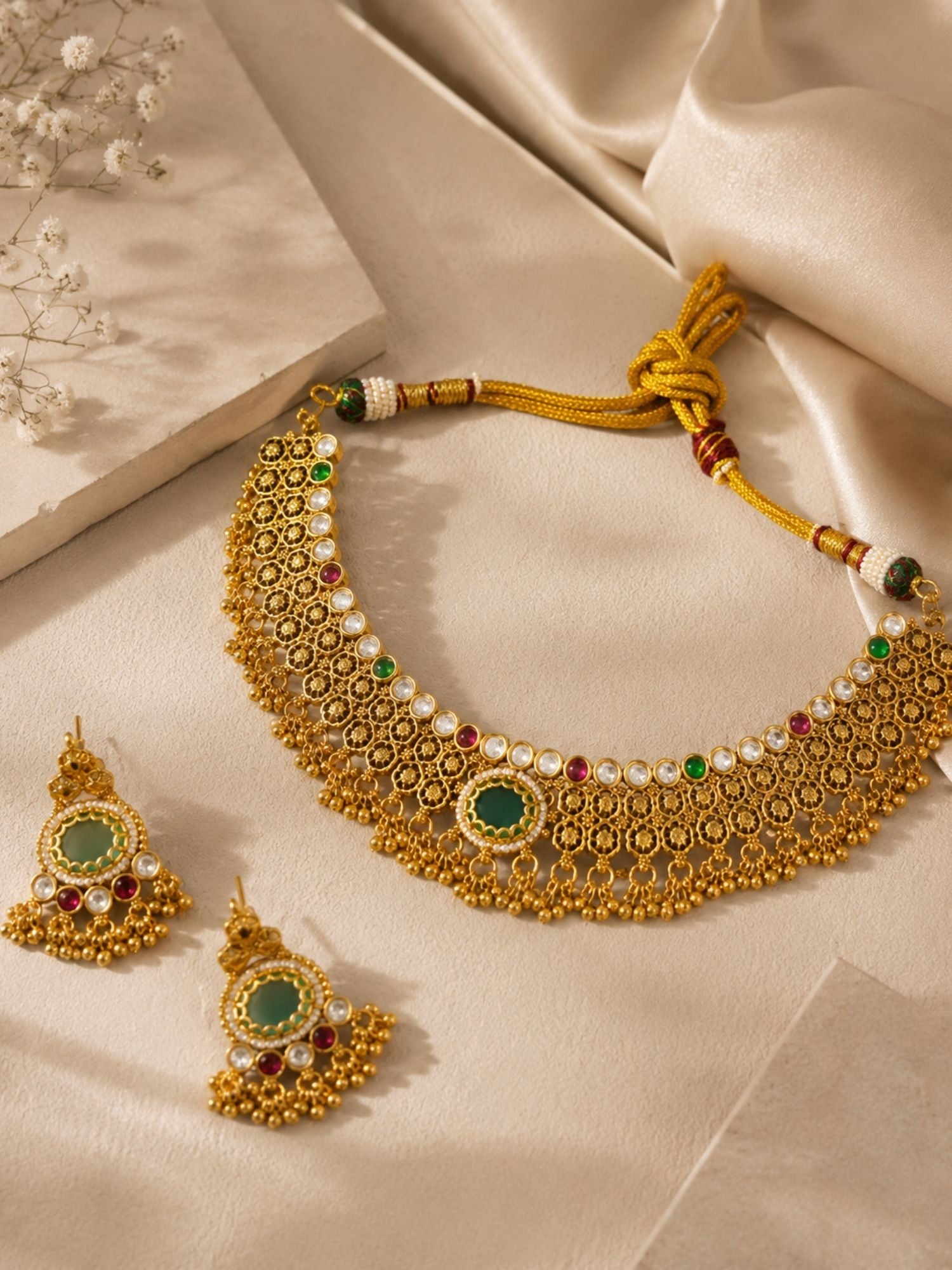 Green Stone Choker Necklace Set in Gold Plating – Bridal | Abdesigns
