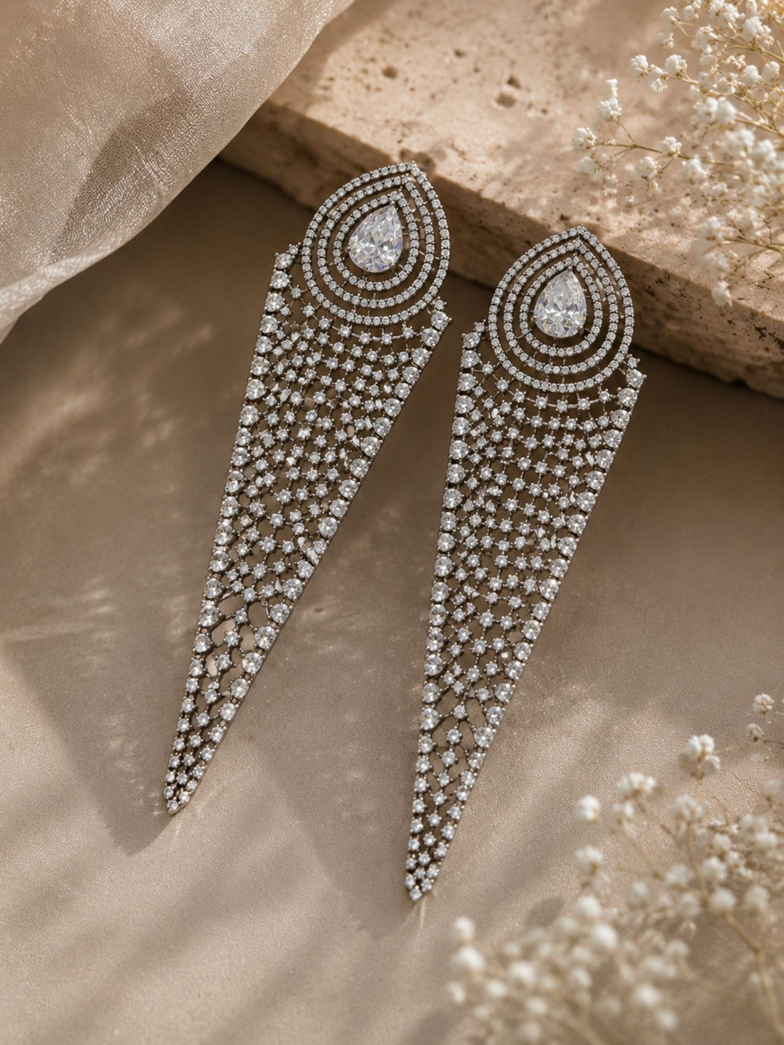 Silver CZ Long Statement Earrings – Diamond Look Party Wear | Abdesigns Jewellery