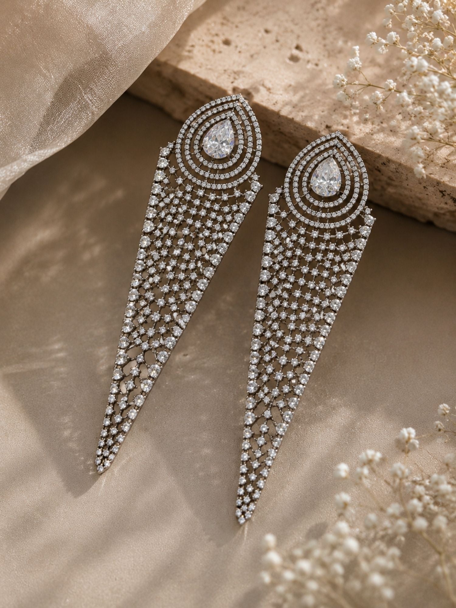 Silver CZ Long Statement Earrings – Diamond Look Party Wear - earrings by Abdesigns Jewellery