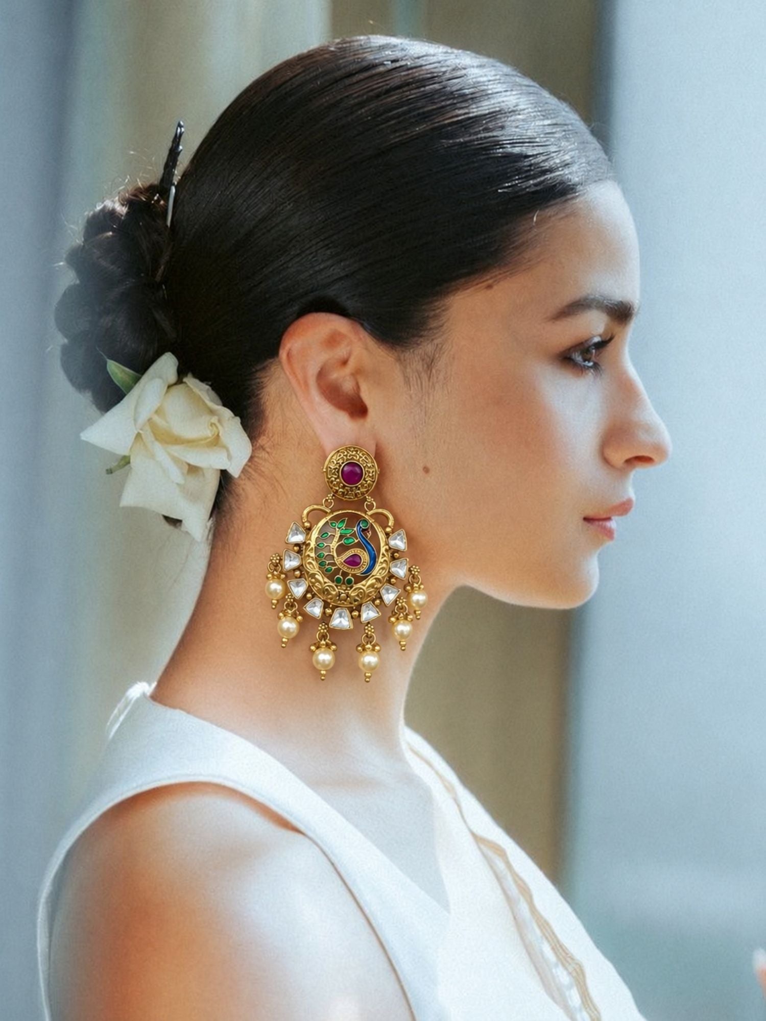 Gold Plated Meenakari Kundan Pearl Peacock Statement Earrings for Women