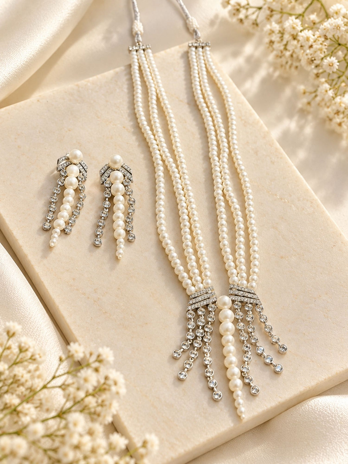 Silver Plated AD Stone Pearl Layered Mala Necklace Set | Abdesigns