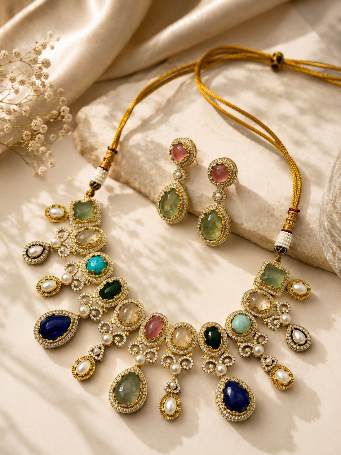 Navratna Necklace Set in Gold Plating – Festive Wear | Abdesigns