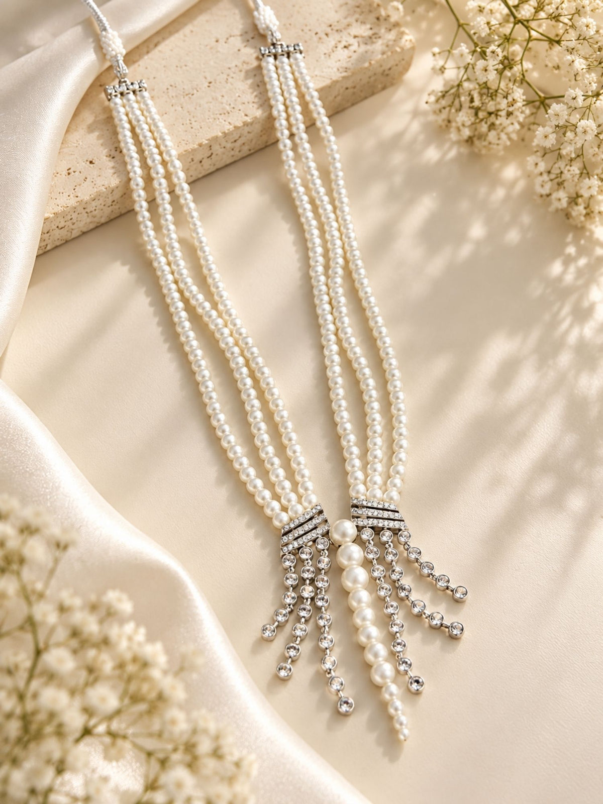 Silver Plated AD Stone Pearl Layered Mala Necklace Set | Abdesigns