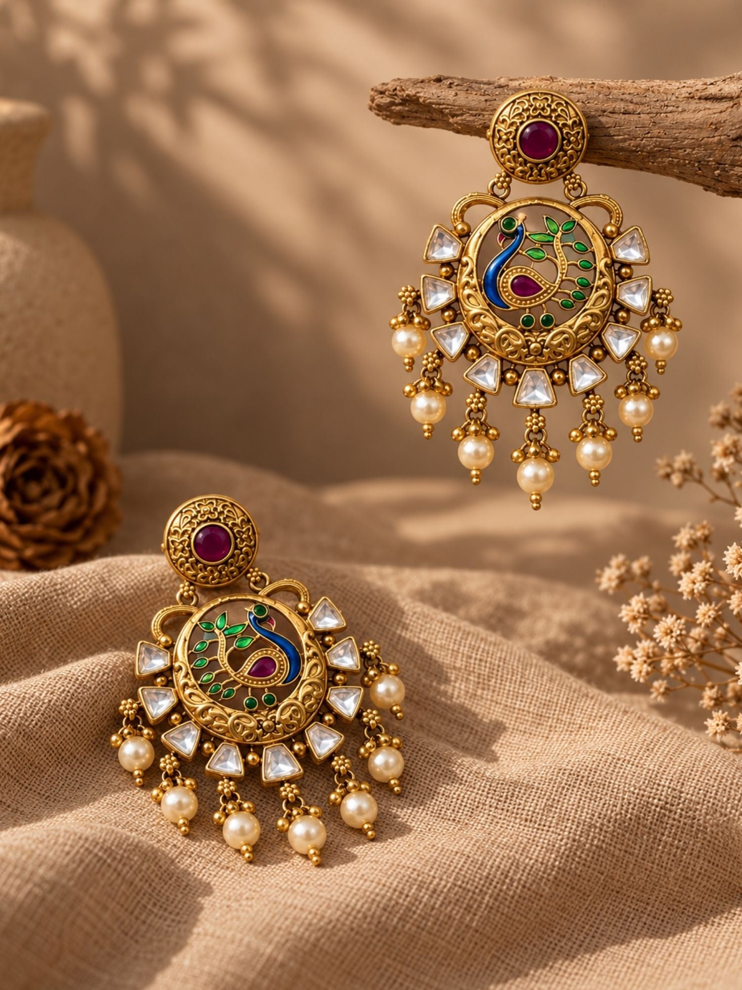 Gold Plated Meenakari Kundan Pearl Peacock Statement Earrings for Women
