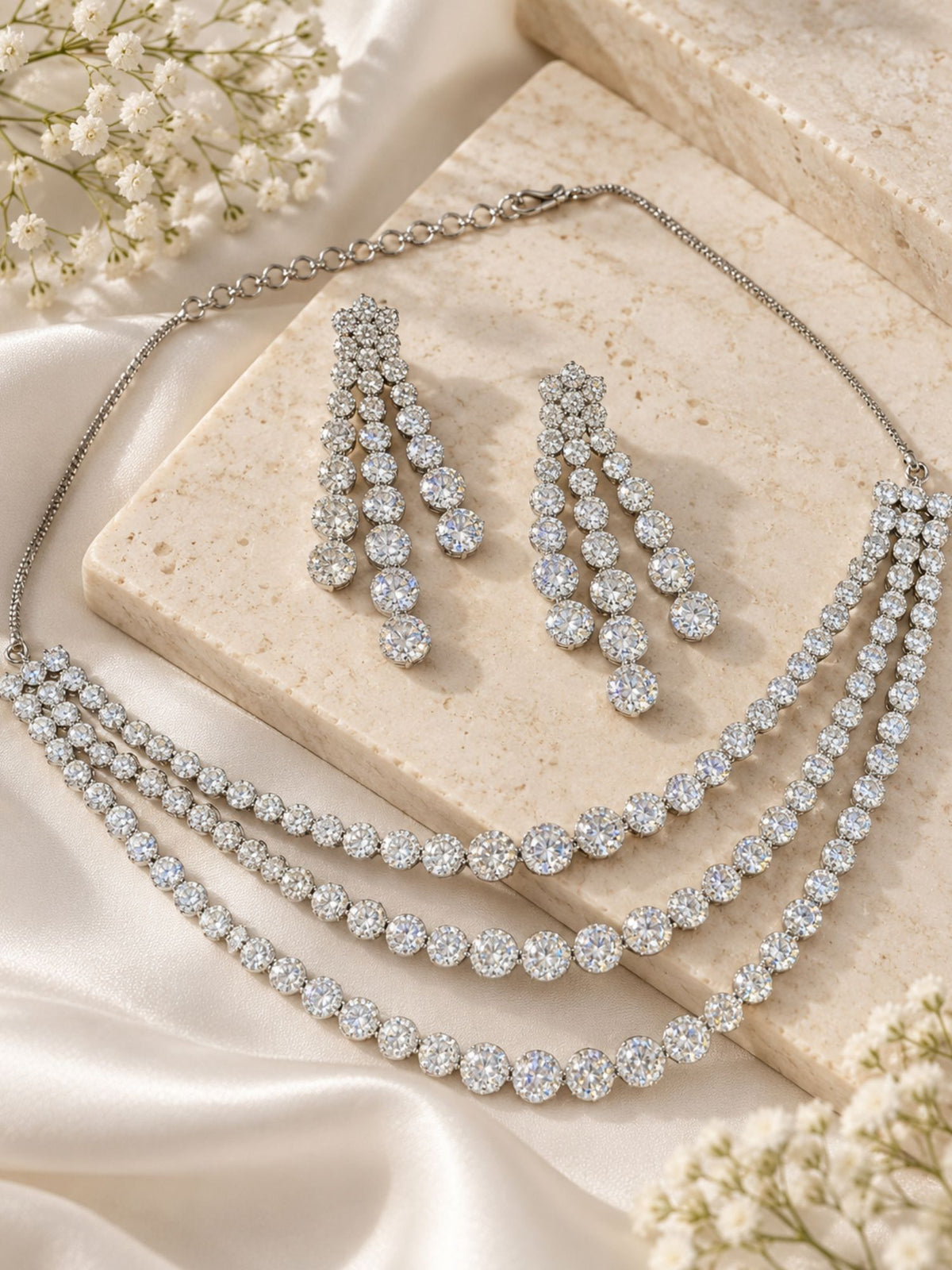 3 Layer Silver Plated American Diamond Necklace Set | Abdesigns Jewellery