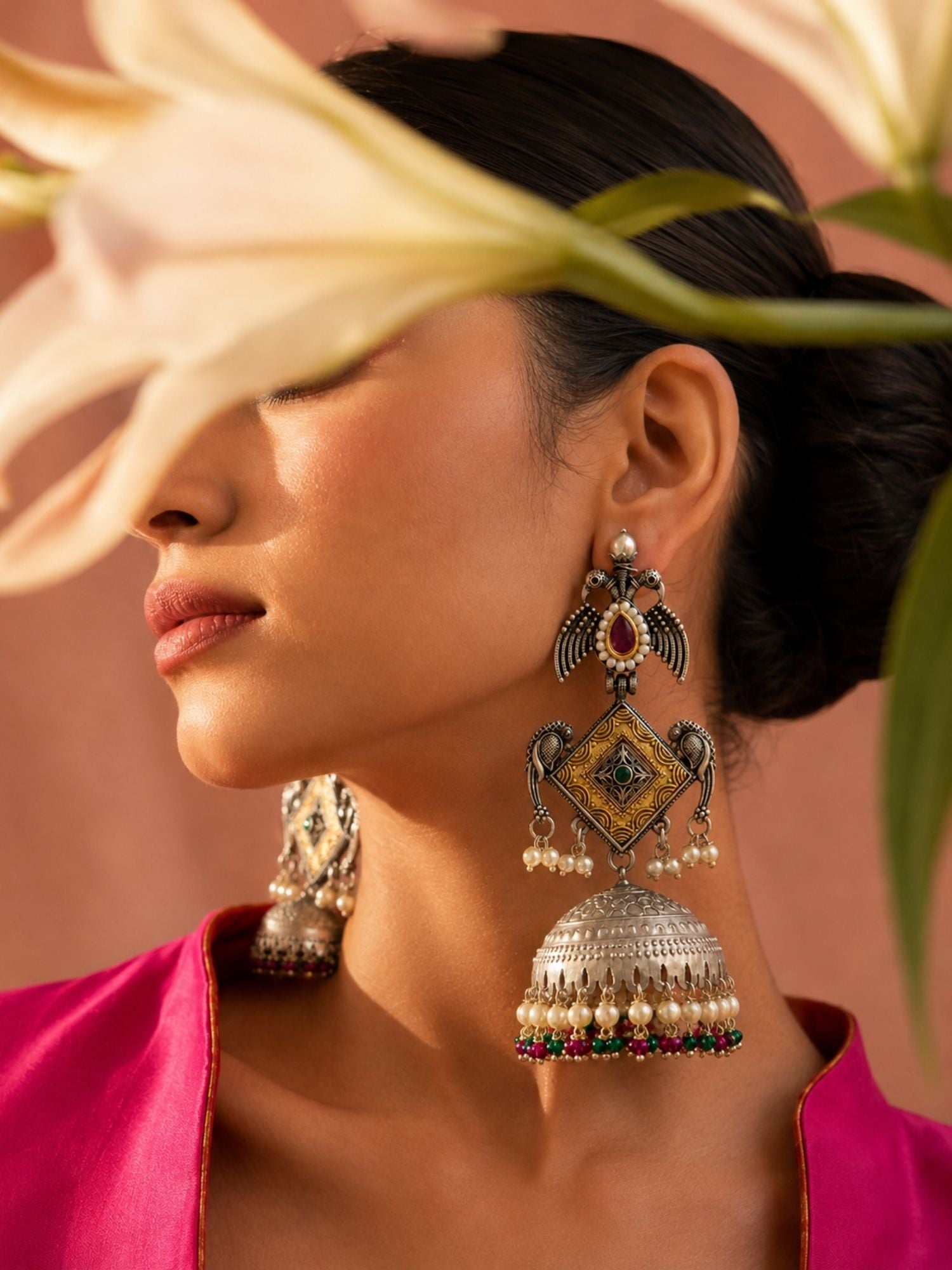 Set of 2 DualTone Multicolor Meenakari German Silver Jhumka Earrings Combo for Women
