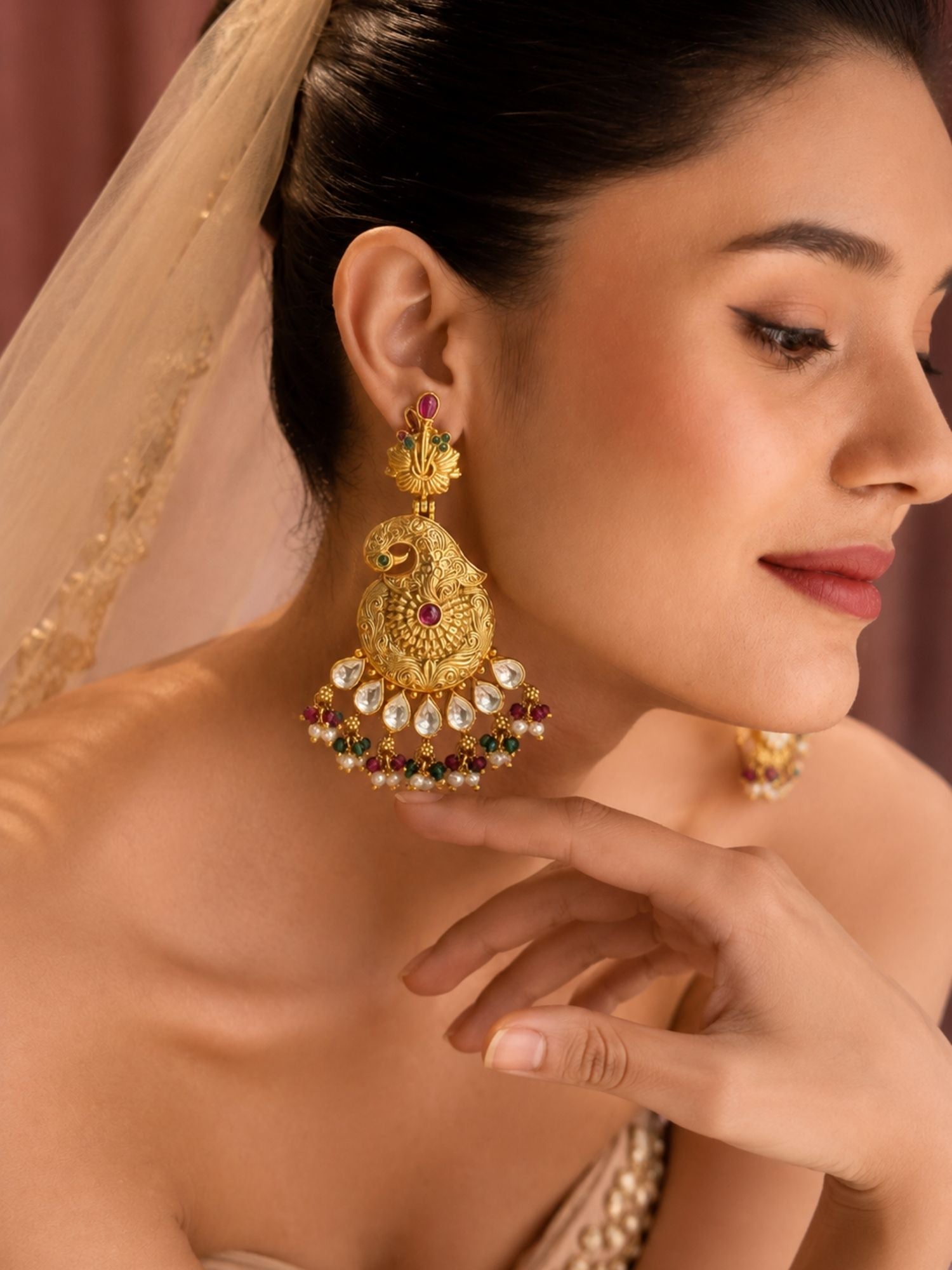 Antique Gold Plated Multicolor Kundan Peacock Statement Earrings for Women