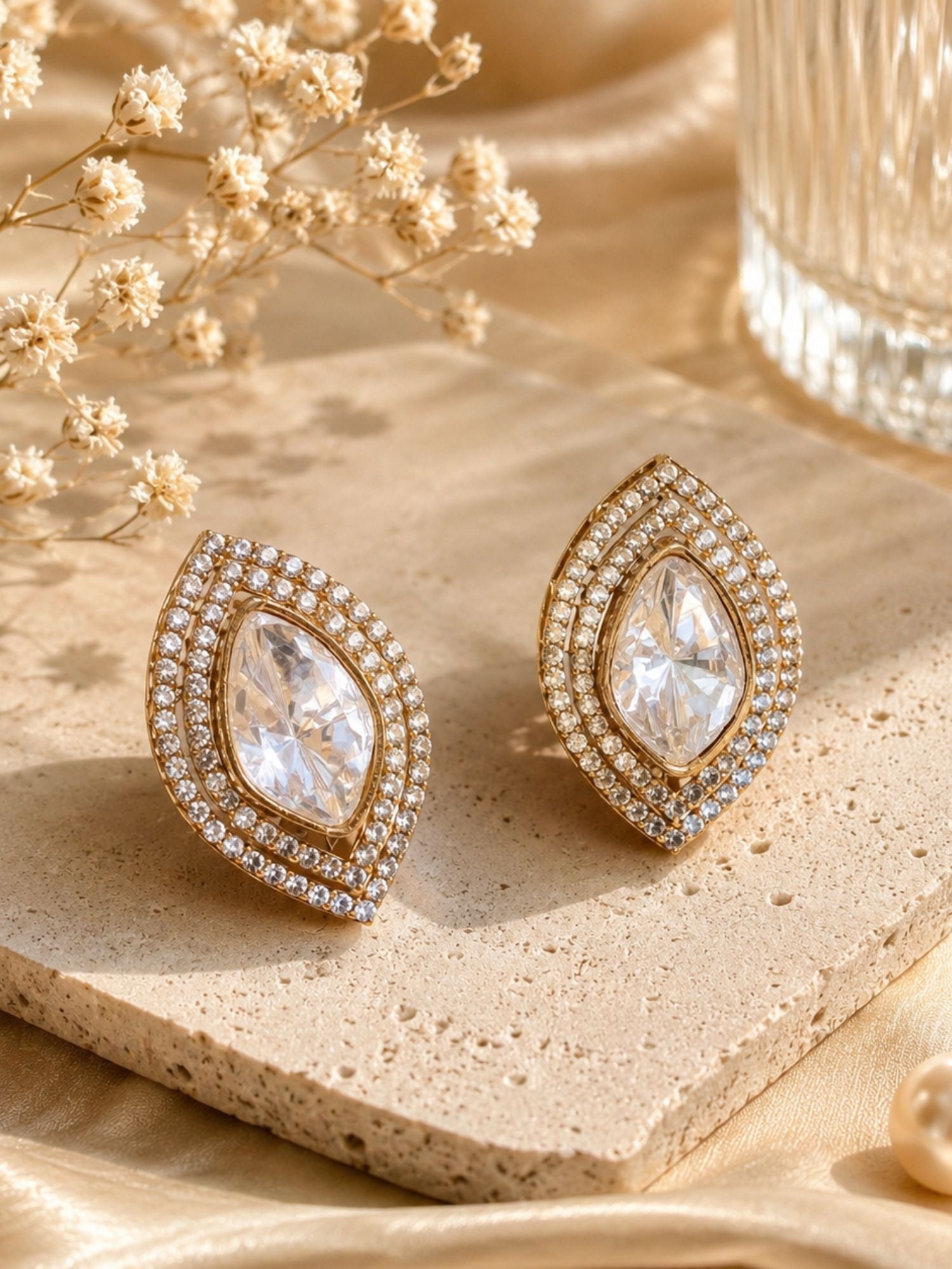 Marquise Matt Gold Glass Kundan Polki Studs - jewellery by Abdesigns Jewellery