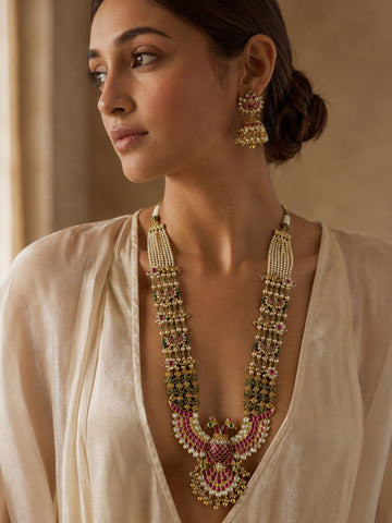 Abdesigns Royal Peacock Kundan Necklace Set with Pearl Layers & Emerald Accents