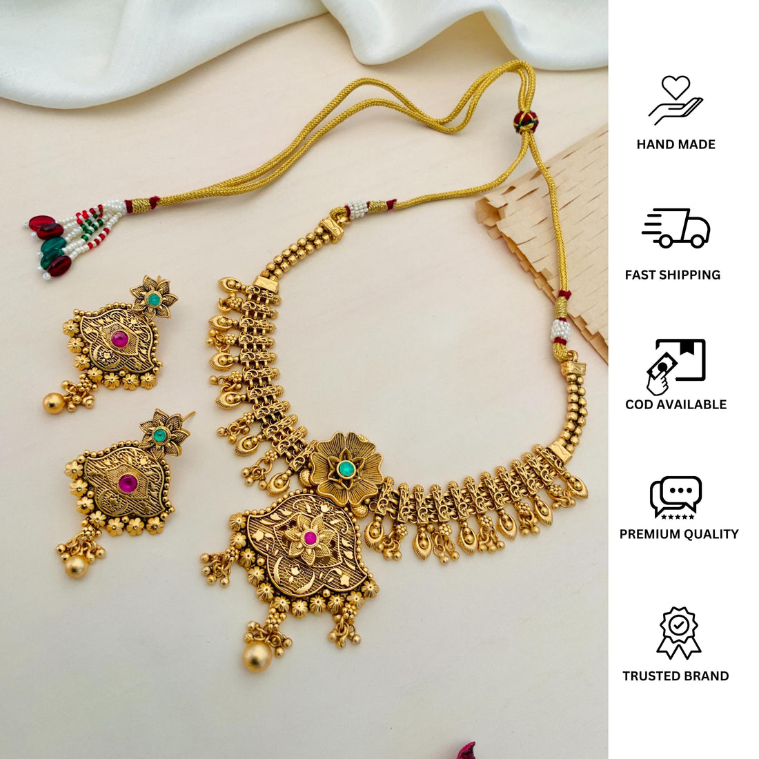 Antique Golden Plated Matt Finish Necklace Set