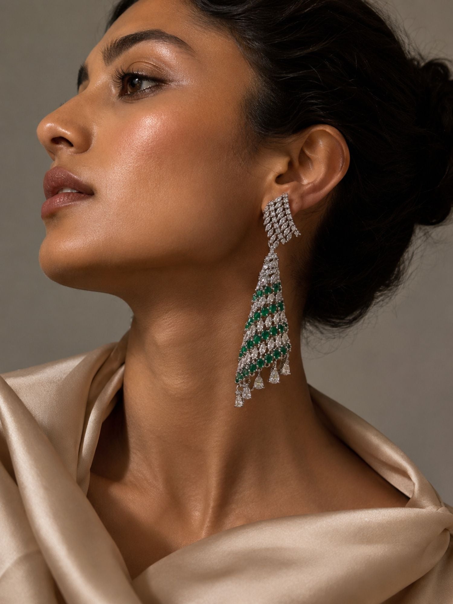 Emerald Green CZ Long Earrings in Silver Finish – Party Wear - earrings by Abdesigns Jewellery