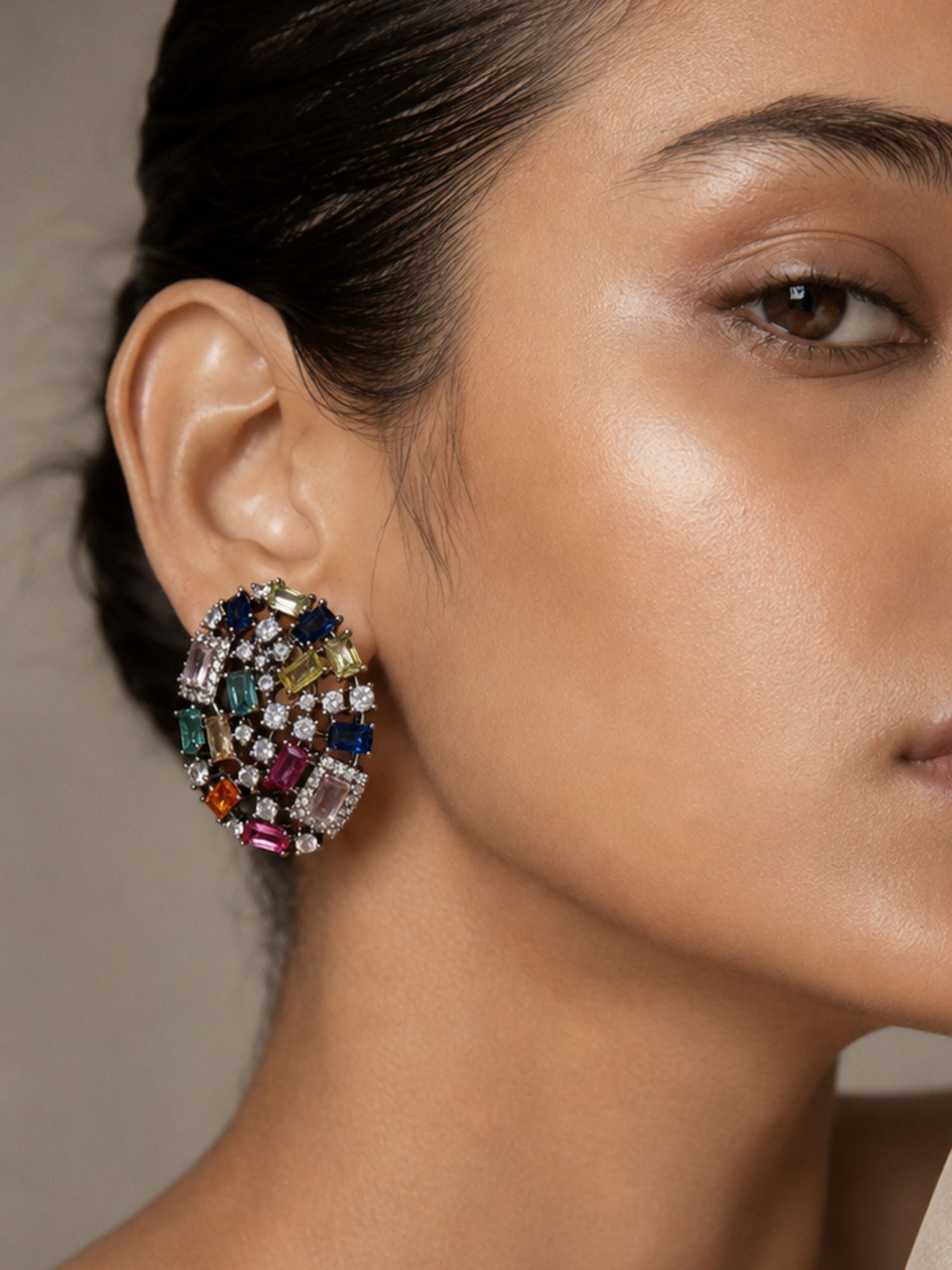 Multicolor Crystal Stud Black Rhodium Earrings | Abdesigns