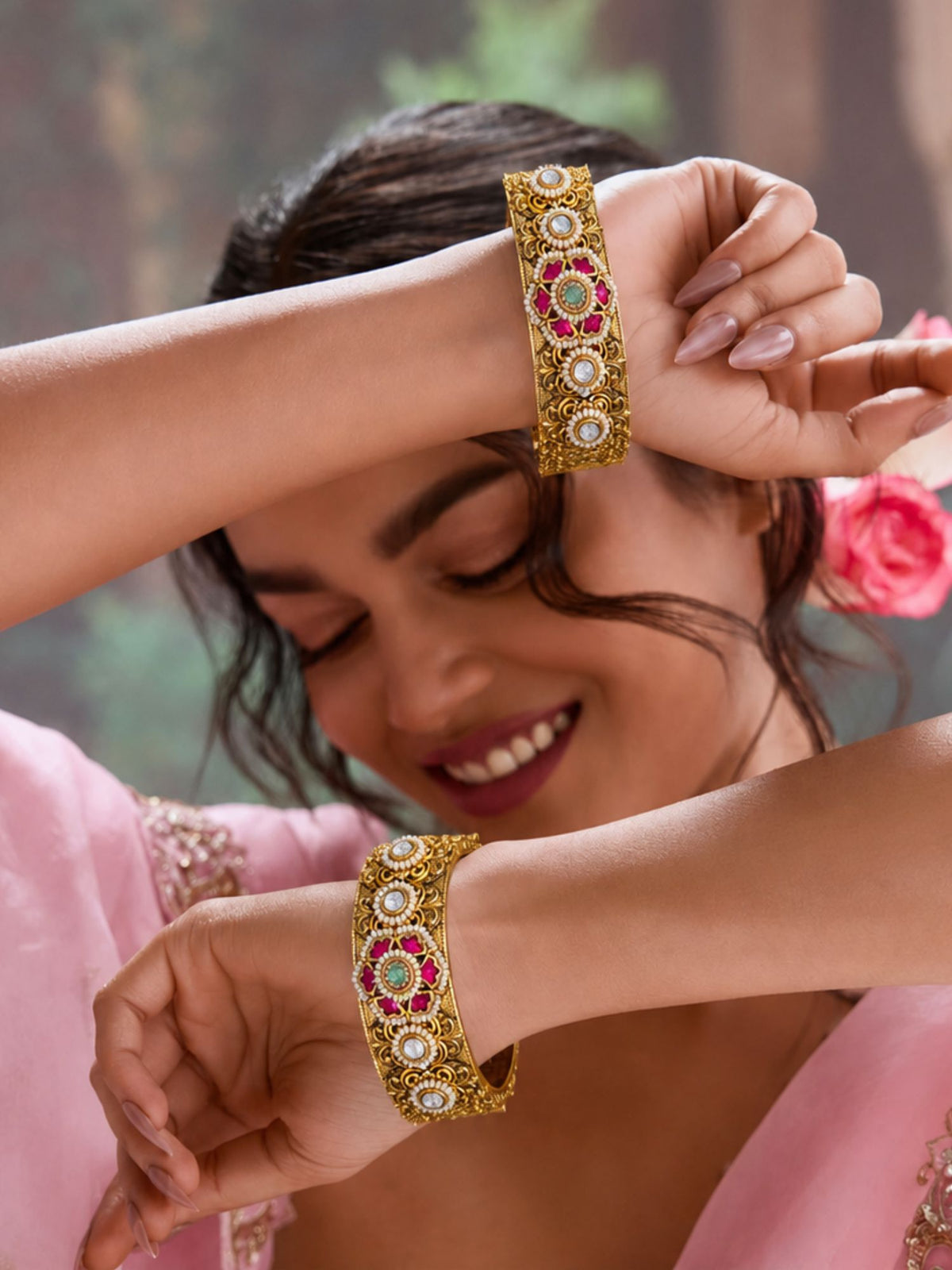 Antique Ahmedabadi Jadau Gold Kundan Floral Bangles – Bridal Set | Abdesigns