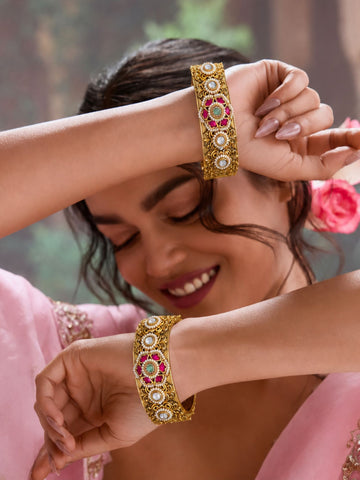 Antique Ahmedabadi Jadau Gold Kundan Floral Bangles – Bridal Set | Abdesigns
