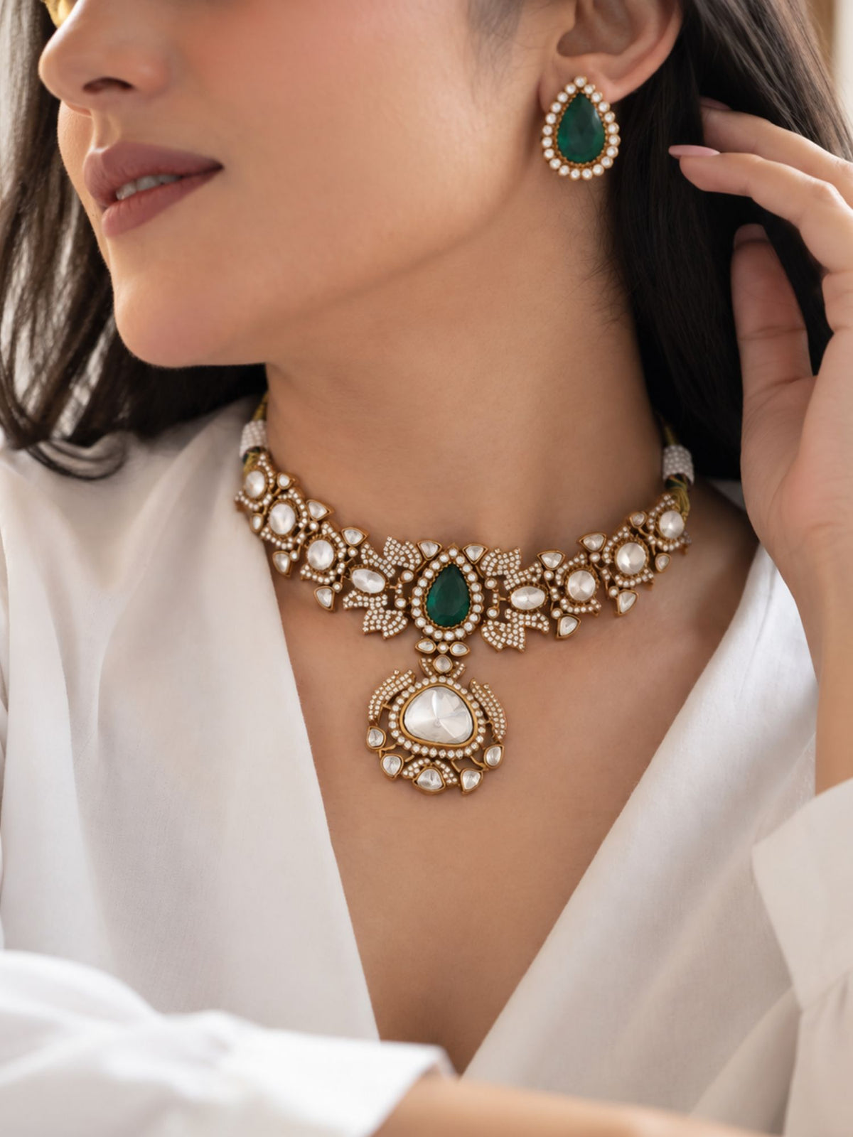 Gold Plated Green Kundan Polki Statement Necklace Set with Earrings