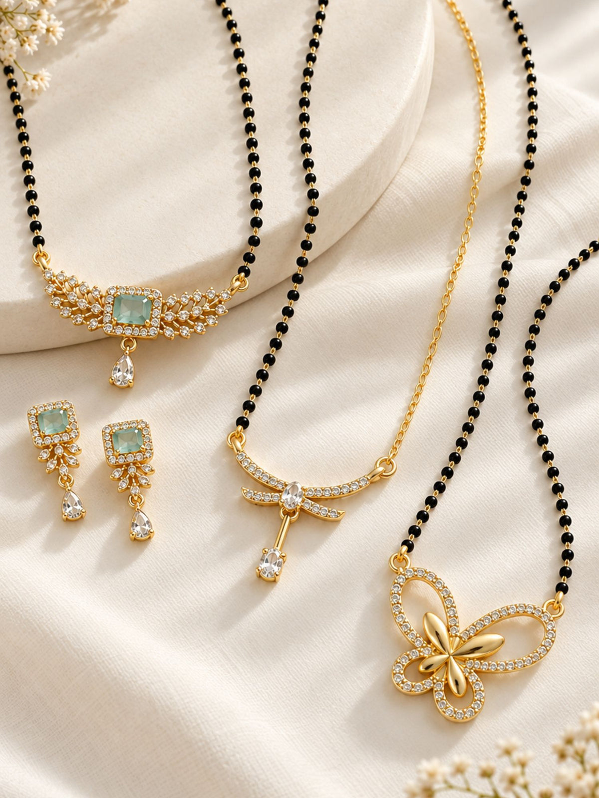 Set of 3 Gold Plated AD Stone Black Bead Mangalsutra Necklaces for Women