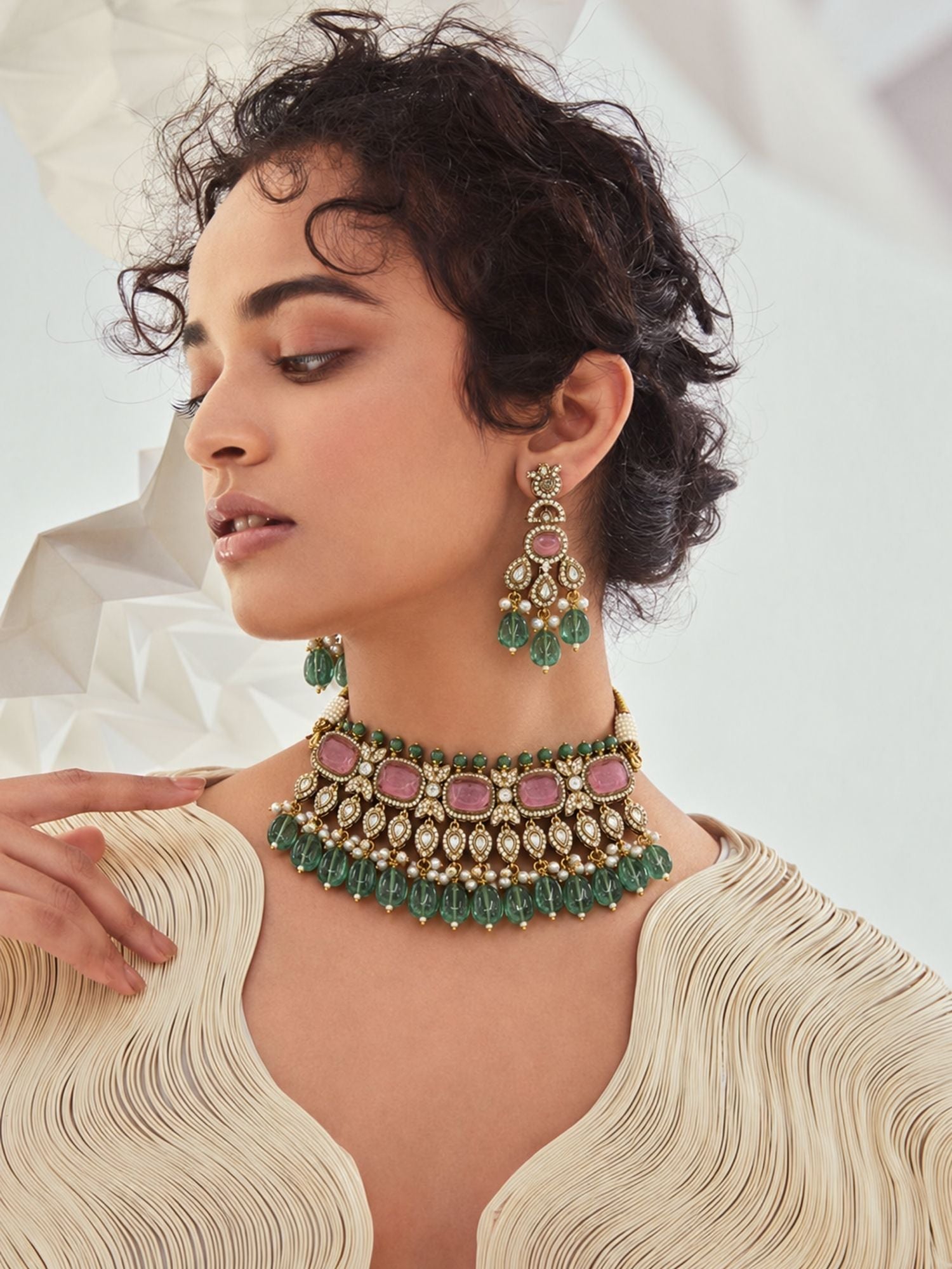 Pink Stone Green Bead Kundan Choker Necklace Set with Earrings
